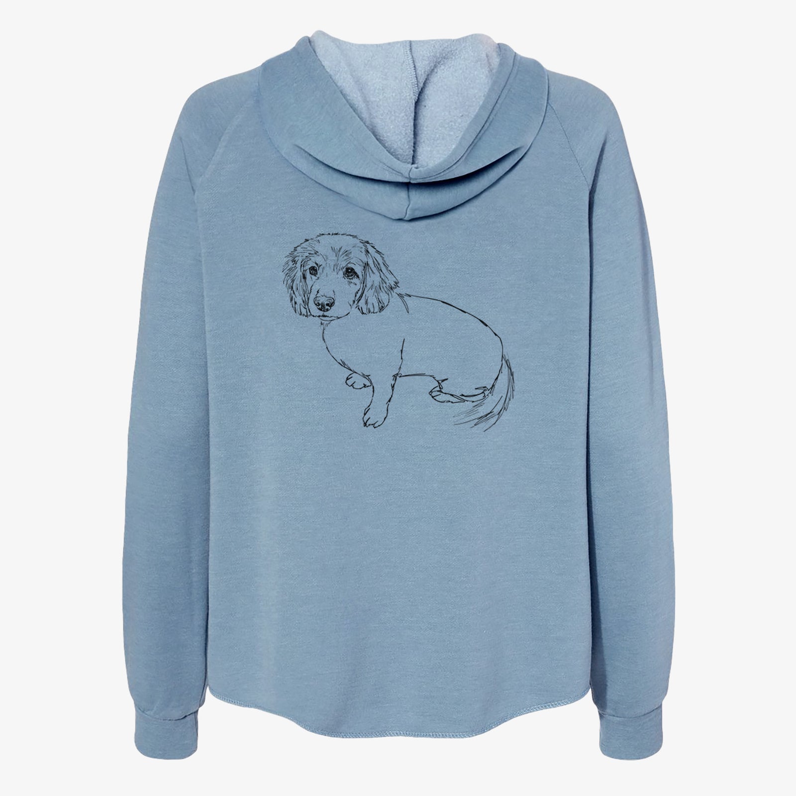 Full-body line drawing of Lucy the Docker on a Misty Blue Women's cali wave zip-up sweatshirt