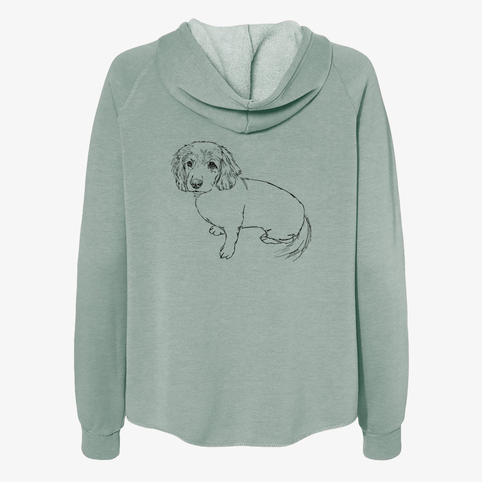 Full-body line drawing of Lucy the Docker on a Sage Women's cali wave zip-up sweatshirt