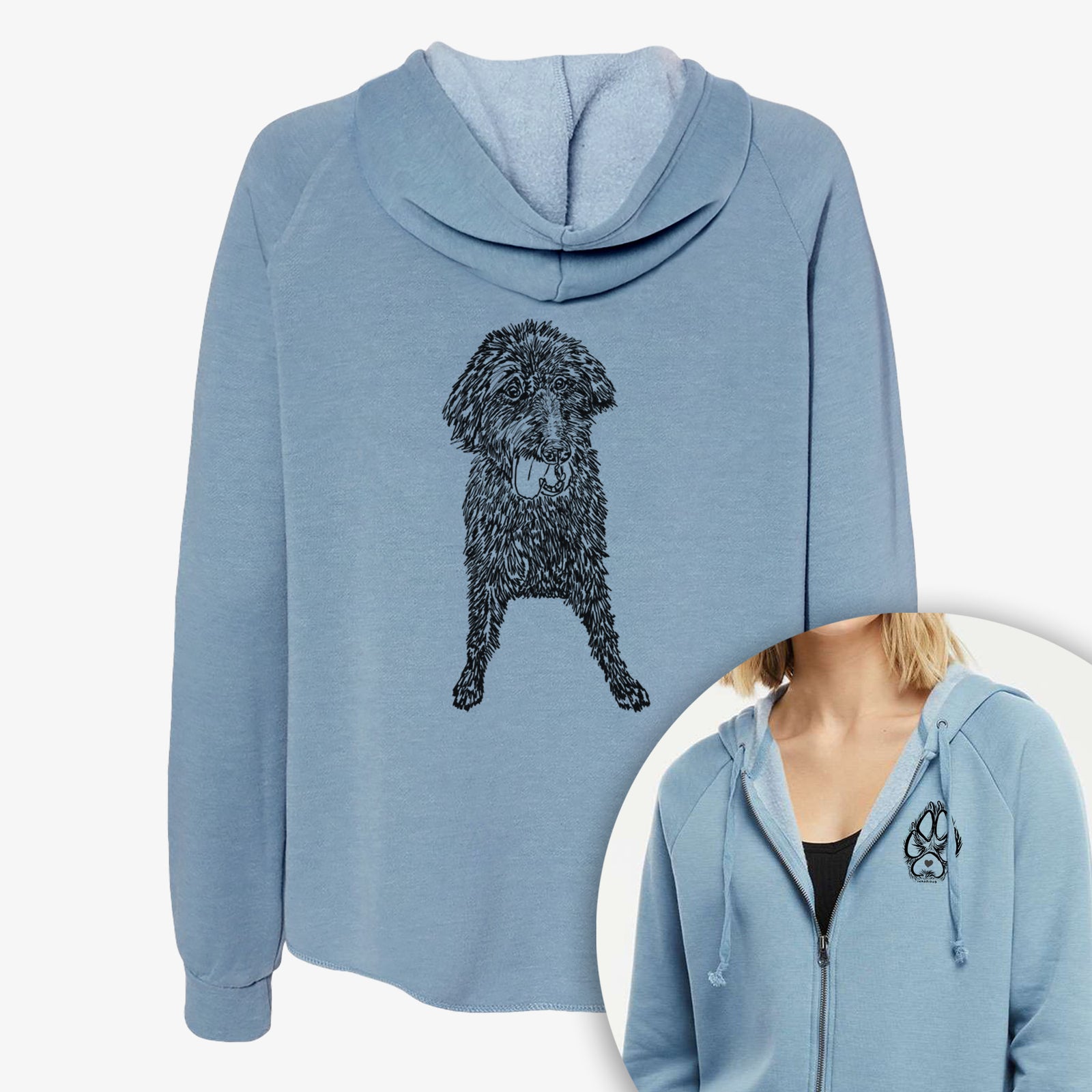 Full-body line drawing of Lucy Fluff the Mixed Breed on a Women's cali wave zip-up sweatshirt, shown with icons of the other available costume styles