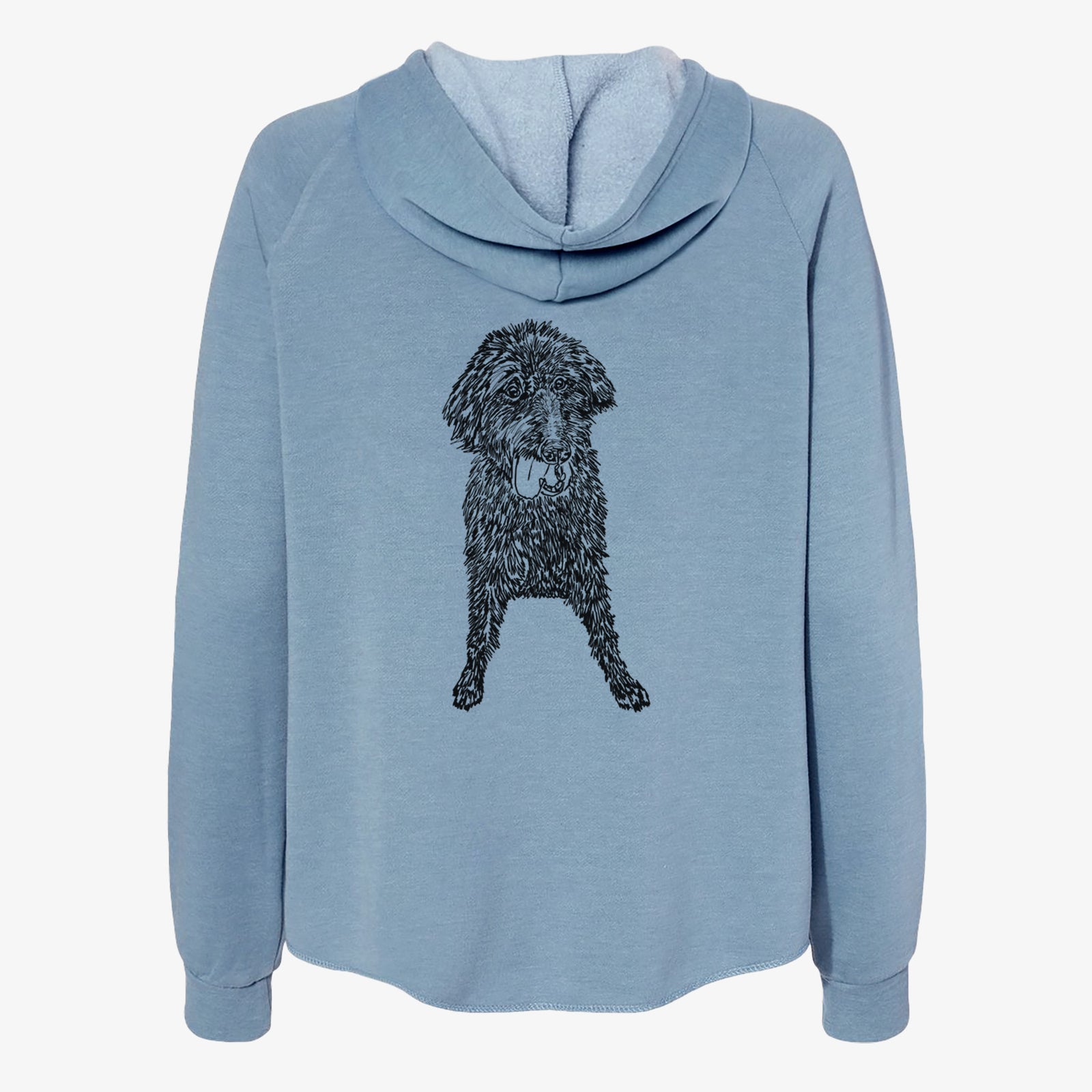 Full-body line drawing of Lucy Fluff the Mixed Breed on a Misty Blue Women's cali wave zip-up sweatshirt
