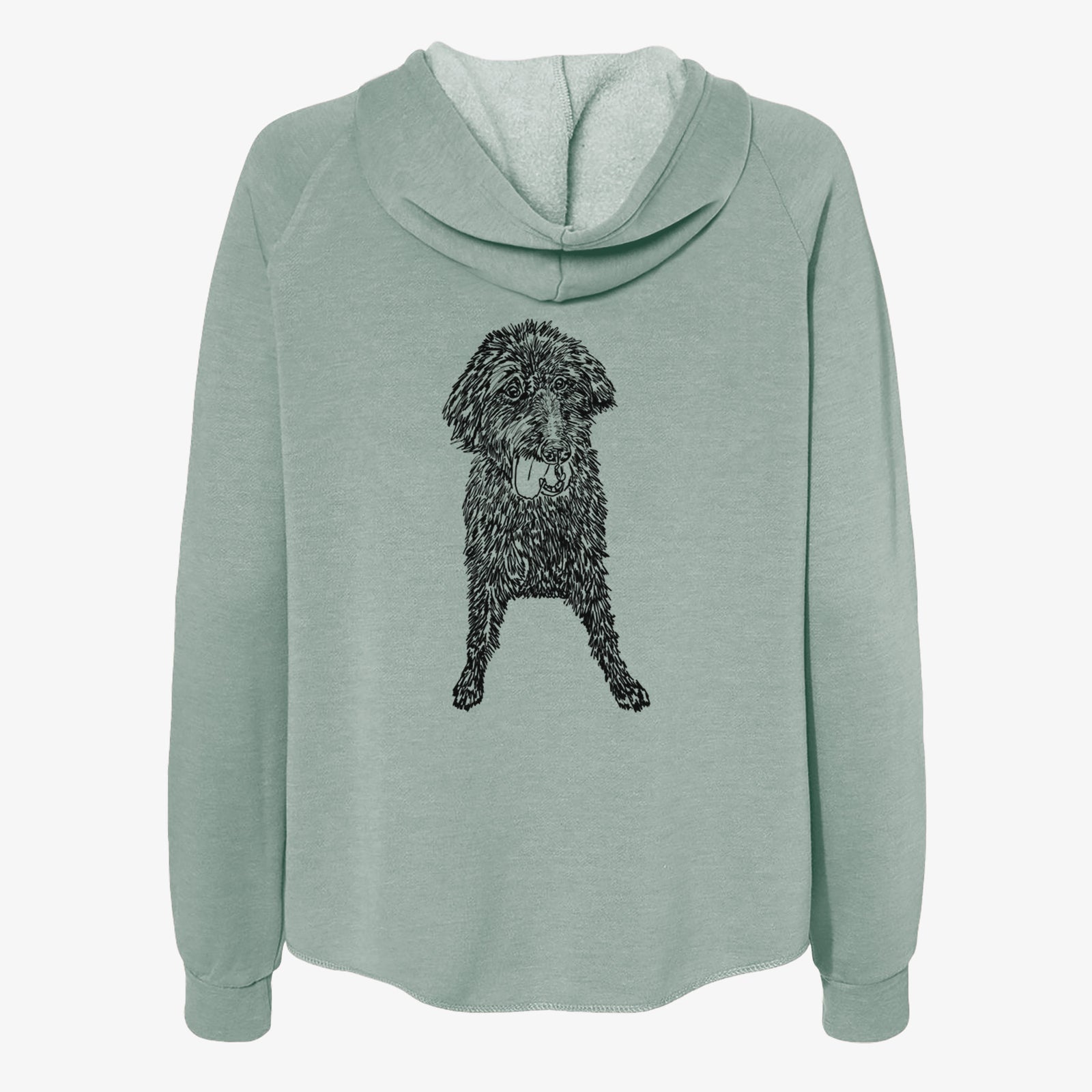 Full-body line drawing of Lucy Fluff the Mixed Breed on a Sage Women's cali wave zip-up sweatshirt