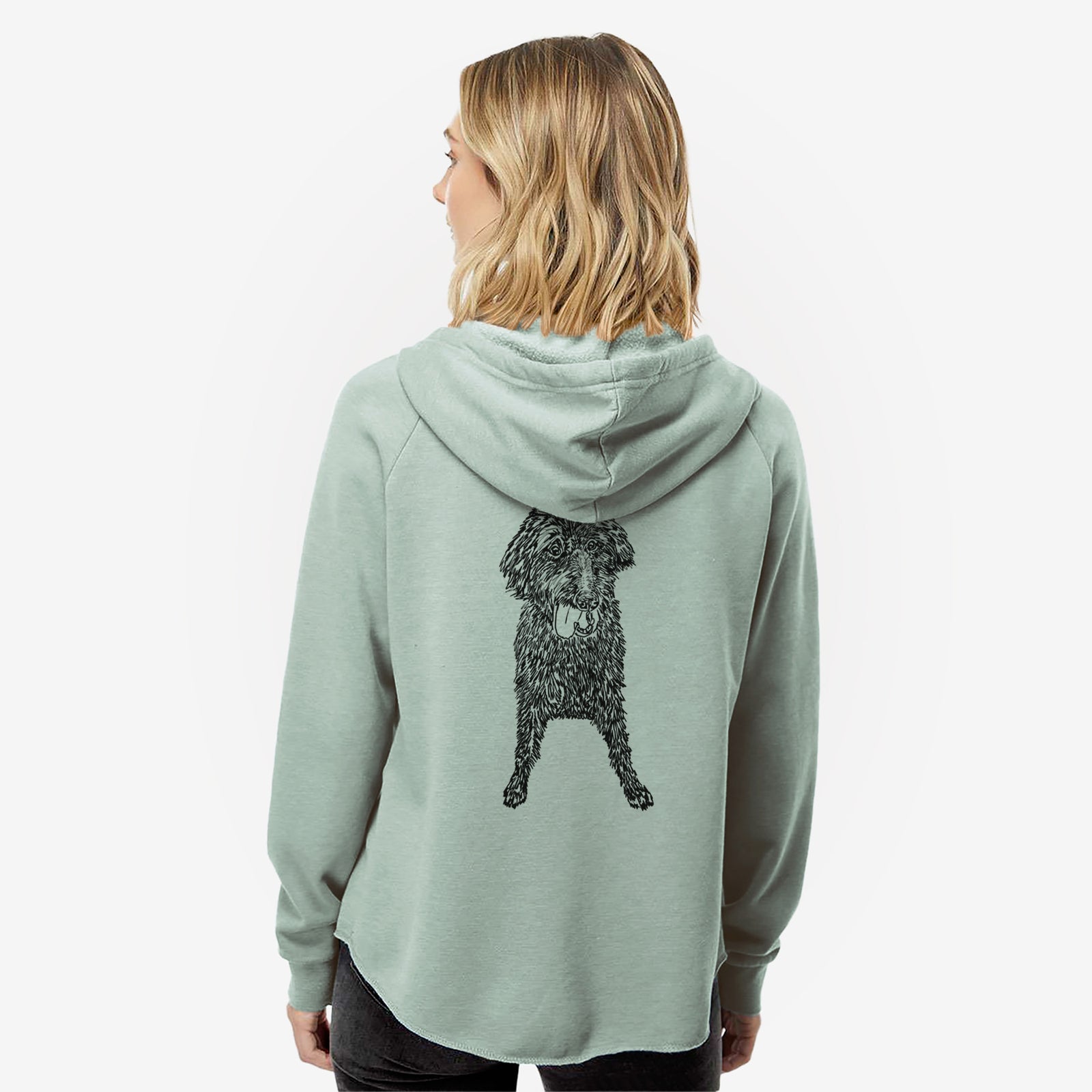 Full-body line drawing of Lucy Fluff the Mixed Breed on a Sage Women's cali wave zip-up sweatshirt