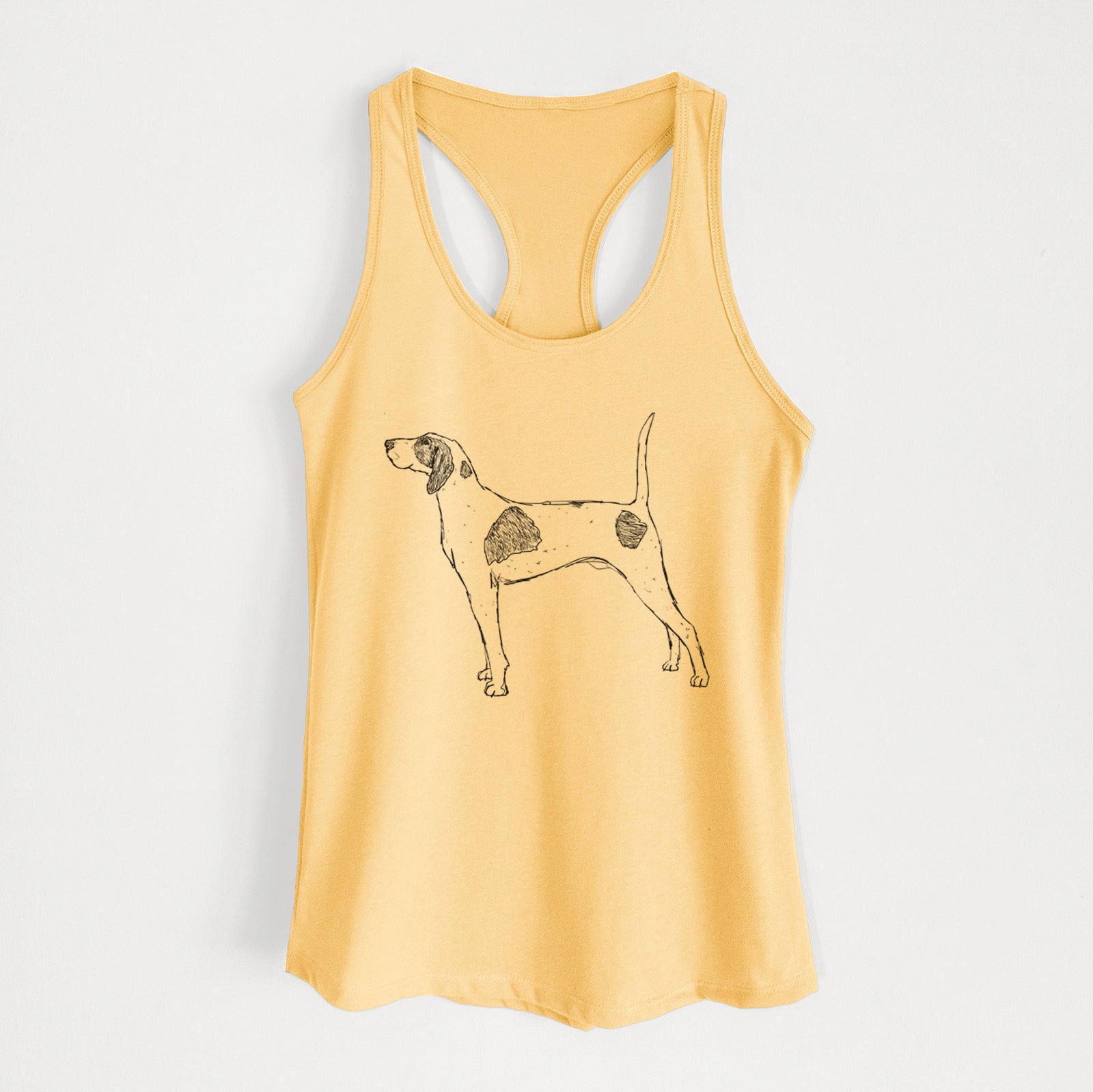 Full-body line drawing of Luke the American Pointer on a Banana Cream Women's racerback tanktop