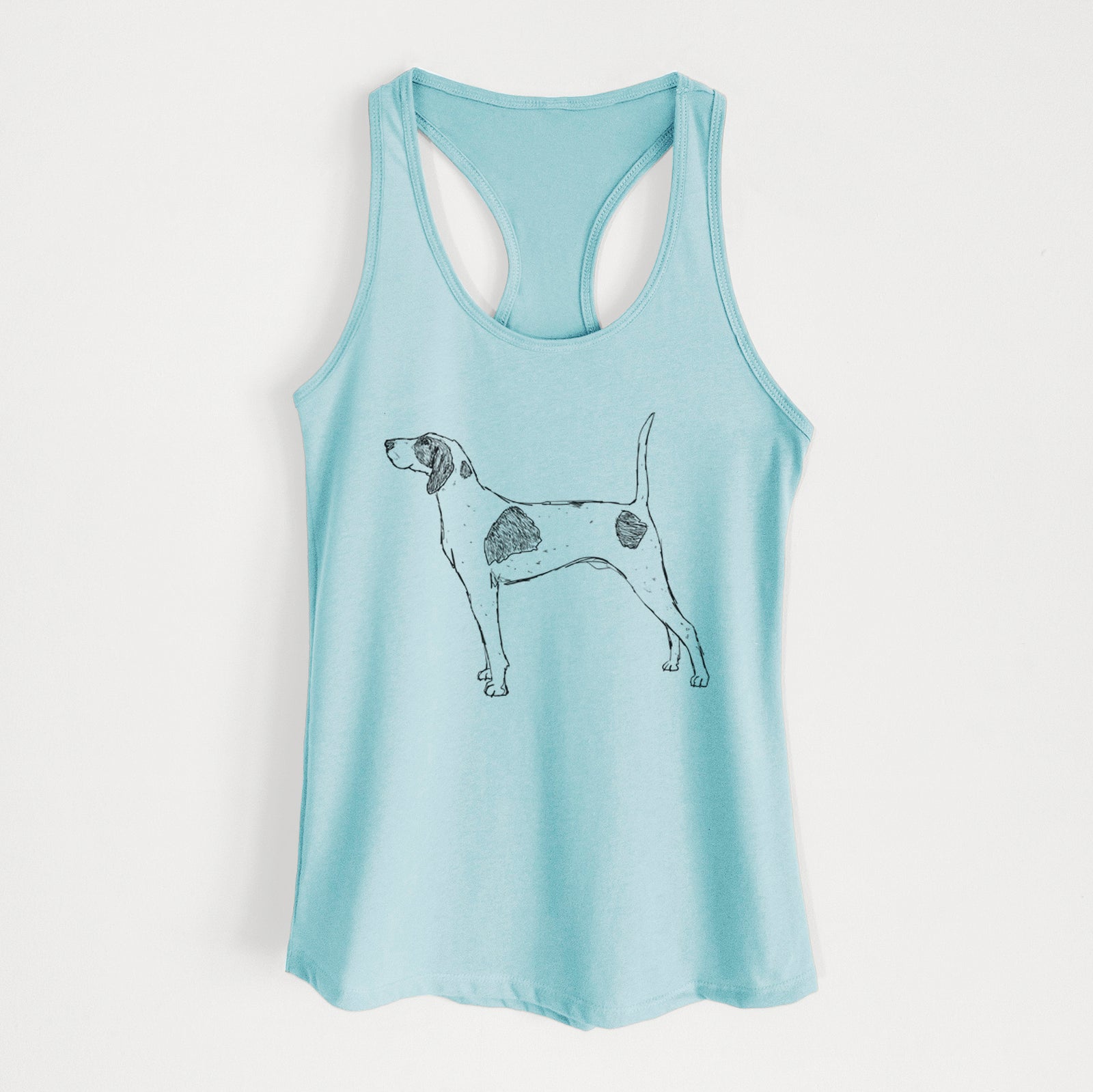 Full-body line drawing of Luke the American Pointer on a Cancun Blue Women's racerback tanktop