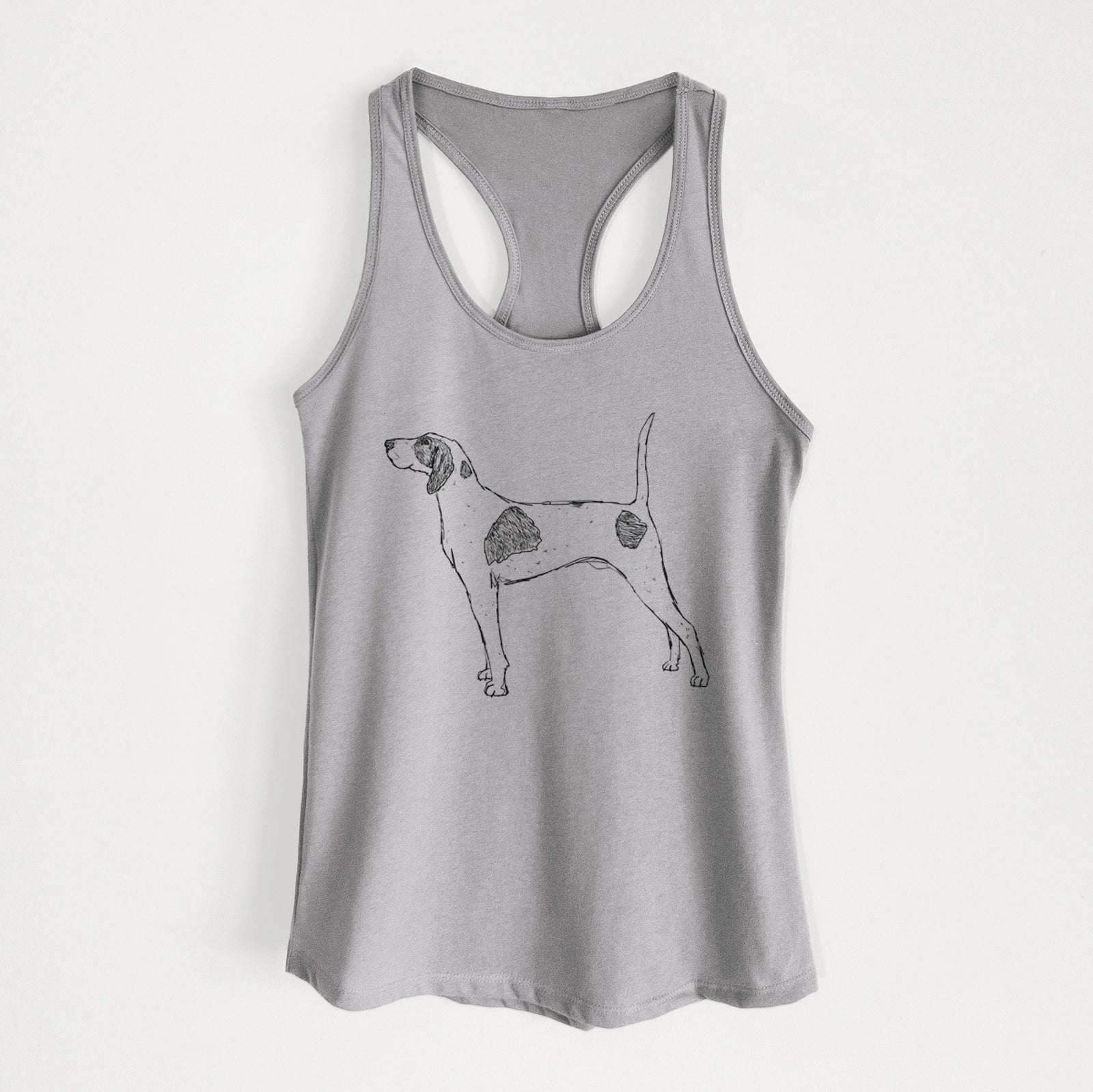 Full-body line drawing of Luke the American Pointer on a Heather Grey Women's racerback tanktop