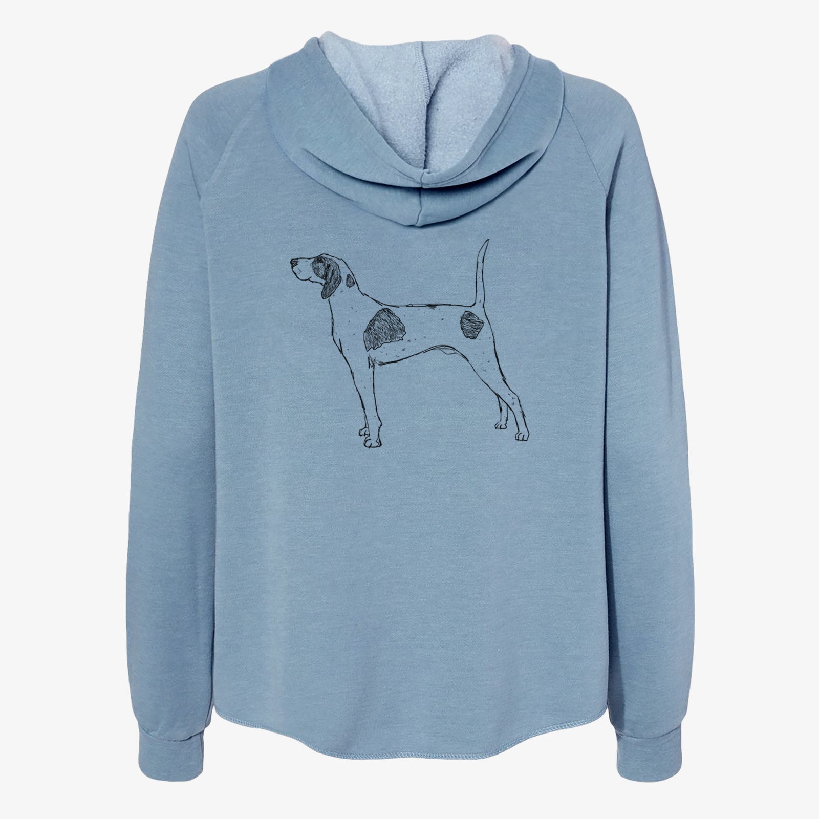 Full-body line drawing of Luke the American Pointer on a Misty Blue Women's cali wave zip-up sweatshirt