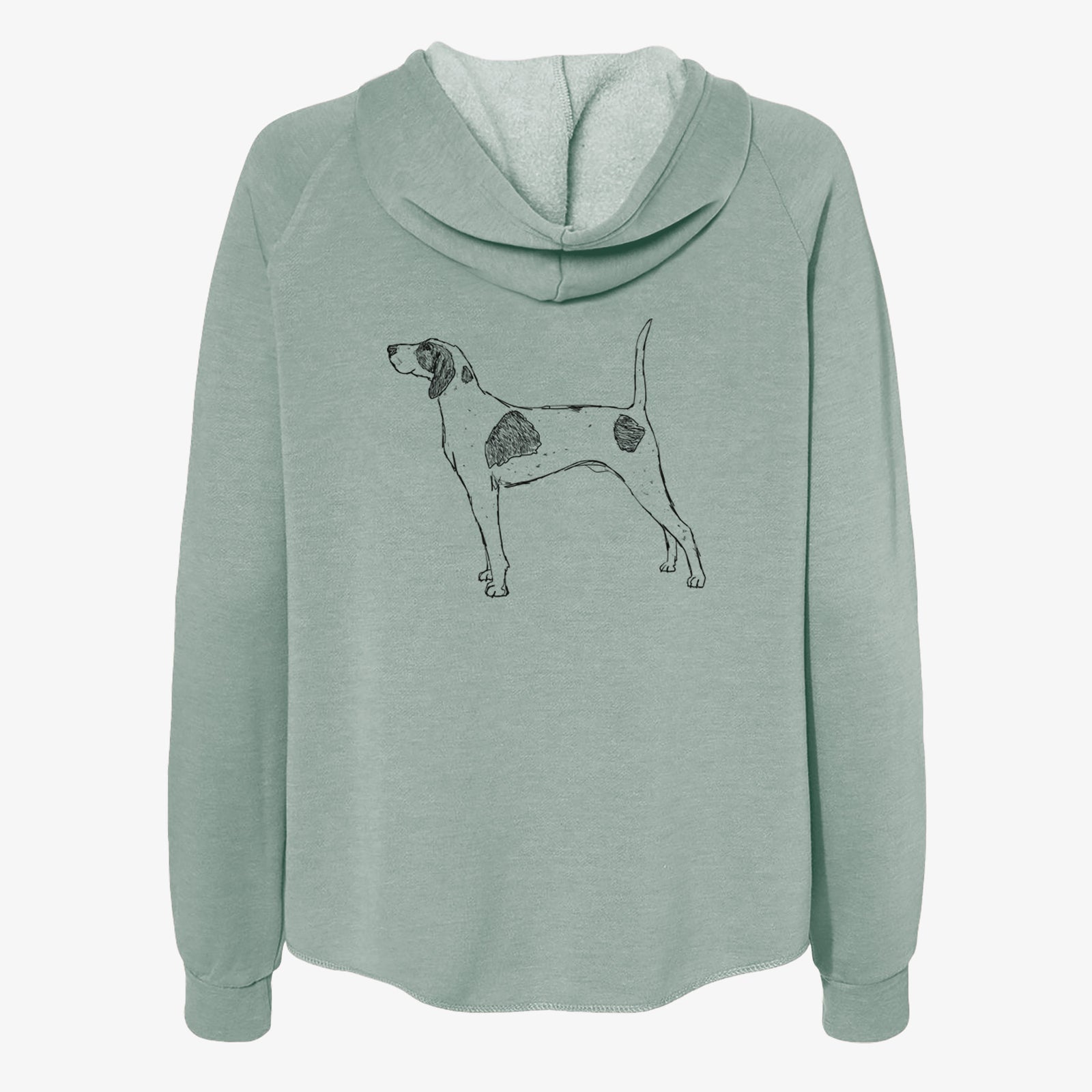Full-body line drawing of Luke the American Pointer on a Sage Women's cali wave zip-up sweatshirt