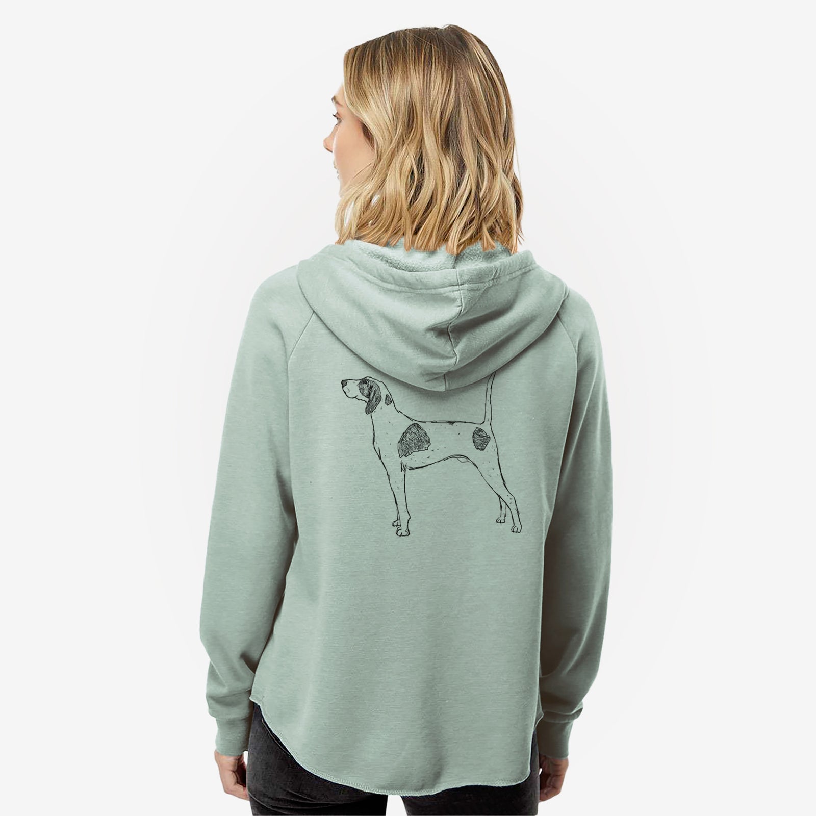 Full-body line drawing of Luke the American Pointer on a Sage Women's cali wave zip-up sweatshirt