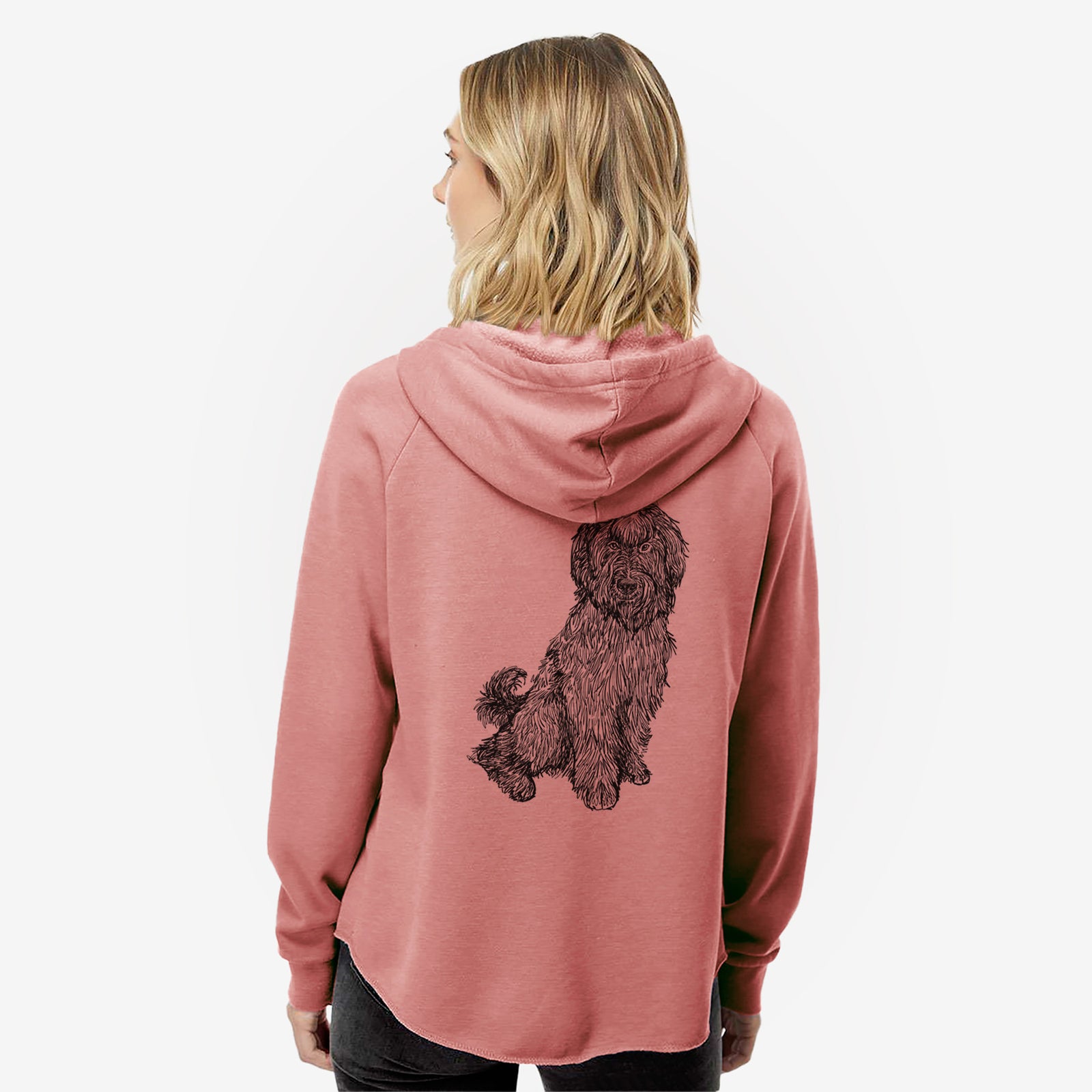 Full-body line drawing of Luna the Briard on a Dusty Rose Women's cali wave zip-up sweatshirt