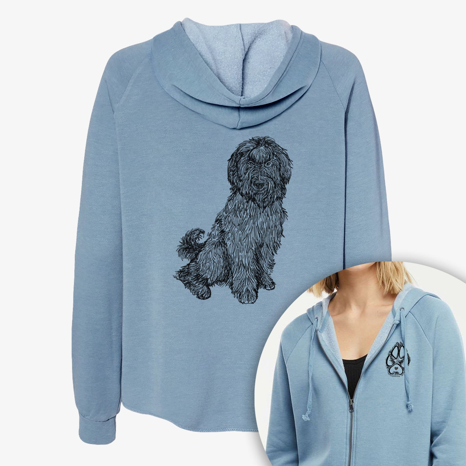Full-body line drawing of Luna the Briard on a Women's cali wave zip-up sweatshirt, shown with icons of the other available costume styles