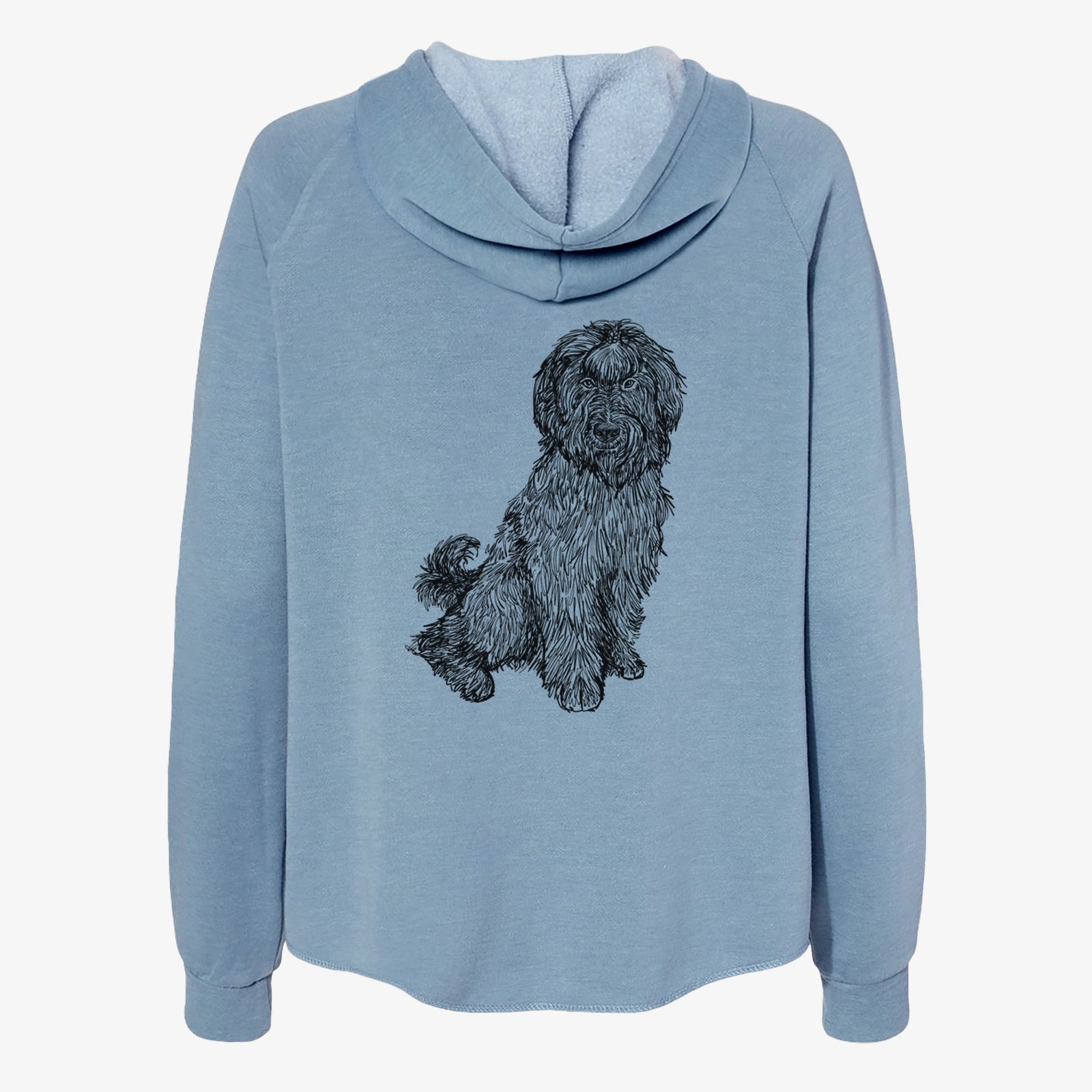Full-body line drawing of Luna the Briard on a Misty Blue Women's cali wave zip-up sweatshirt