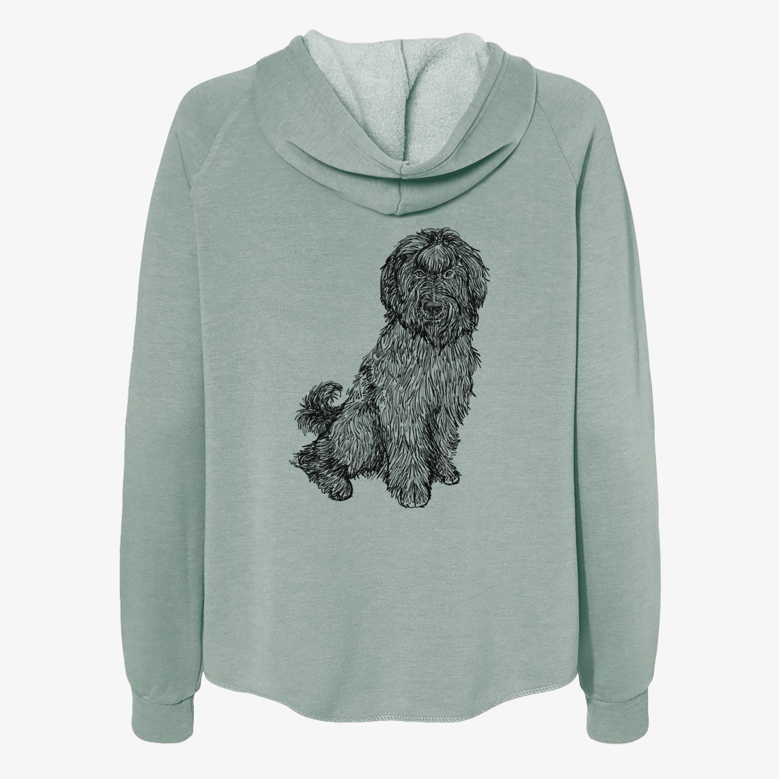 Full-body line drawing of Luna the Briard on a Sage Women's cali wave zip-up sweatshirt