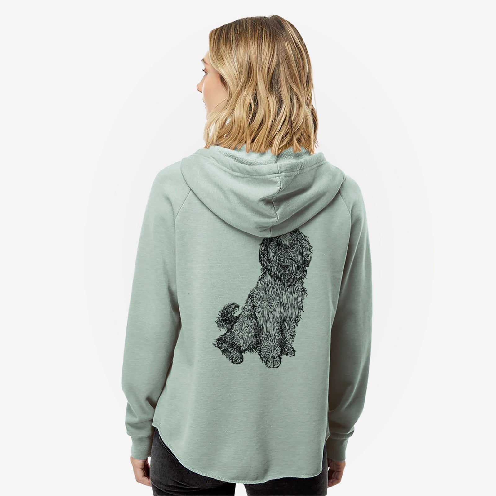 Full-body line drawing of Luna the Briard on a Sage Women's cali wave zip-up sweatshirt