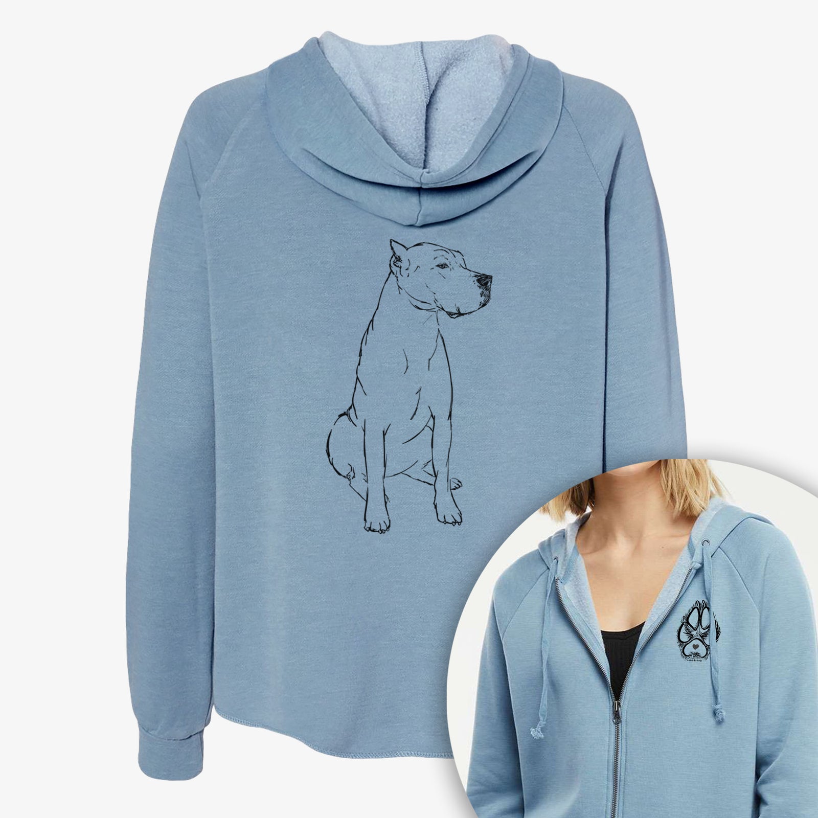 Full-body line drawing of Luna the Dogo Argentino on a Women's cali wave zip-up sweatshirt, shown with icons of the other available costume styles