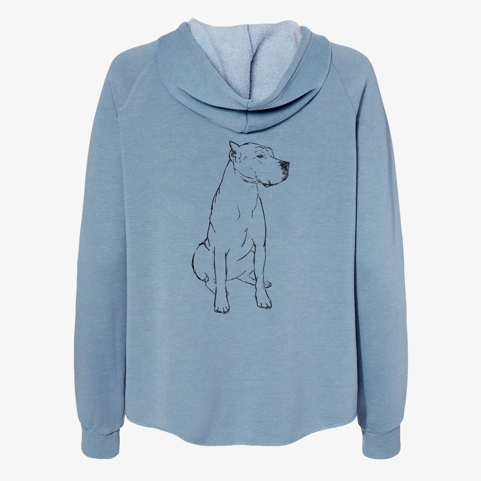Full-body line drawing of Luna the Dogo Argentino on a Misty Blue Women's cali wave zip-up sweatshirt