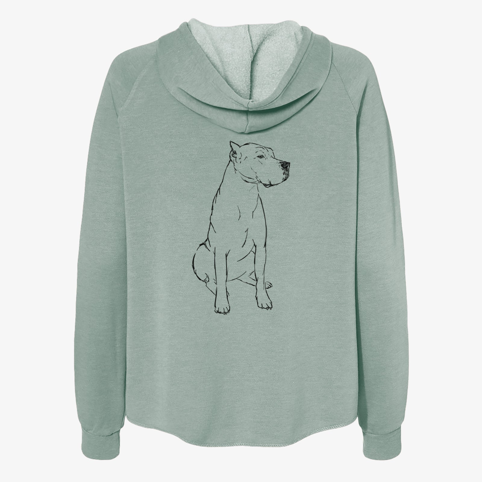 Full-body line drawing of Luna the Dogo Argentino on a Sage Women's cali wave zip-up sweatshirt