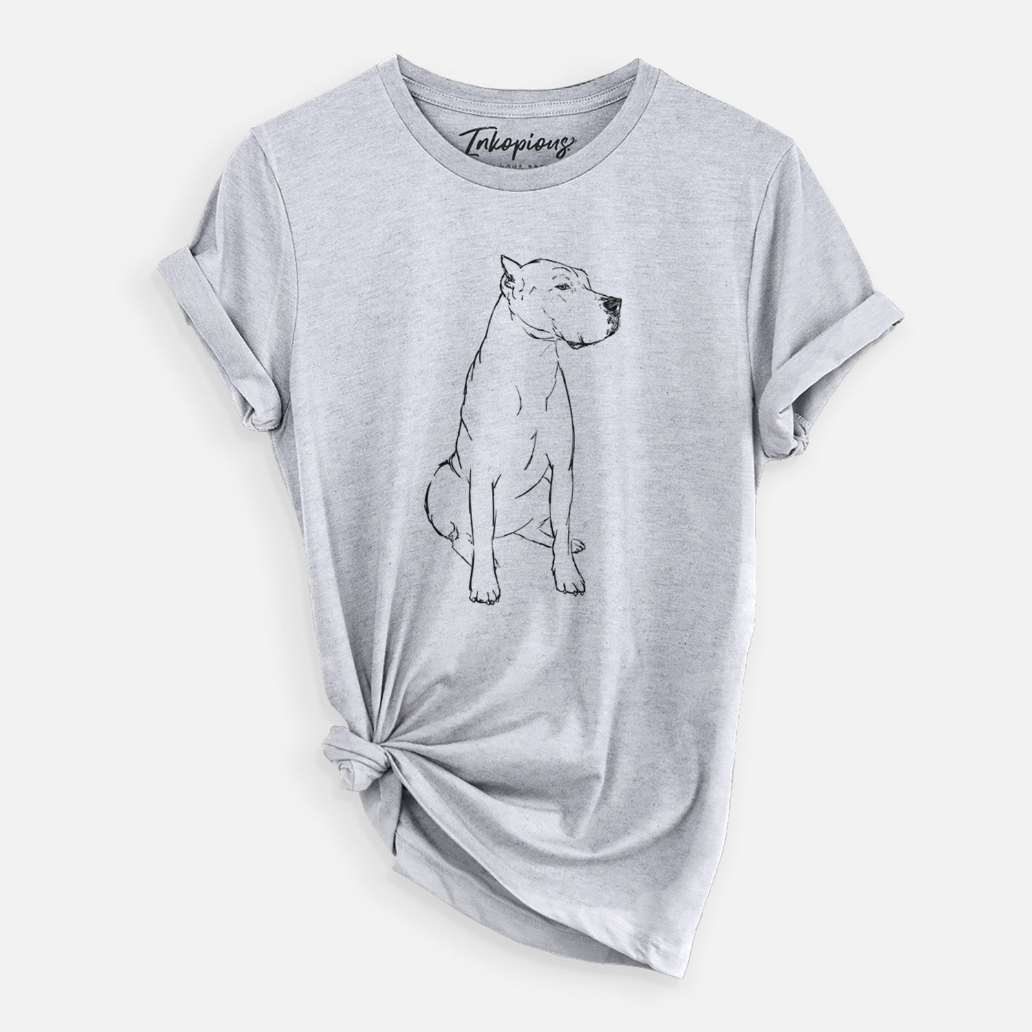 Full-body line drawing of Luna the Dogo Argentino on a Grey Unisex crewneck
