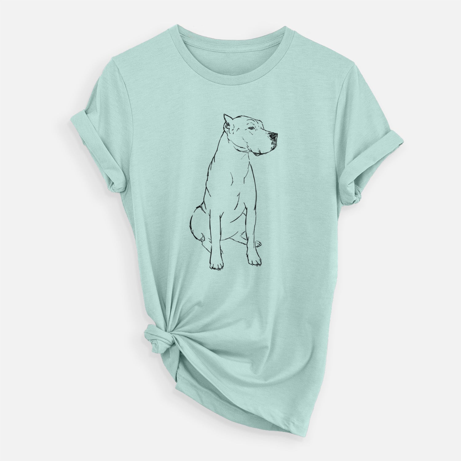 Full-body line drawing of Luna the Dogo Argentino on a Heather Sage Unisex crewneck