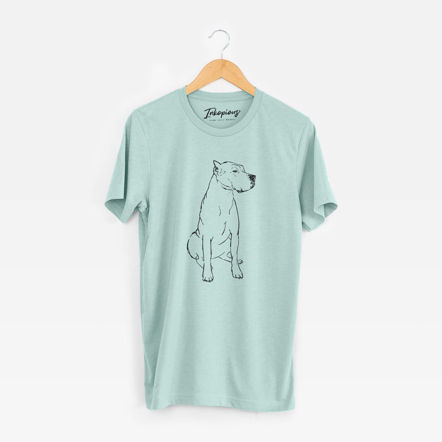 Full-body line drawing of Luna the Dogo Argentino on a Heather Sage Unisex crewneck