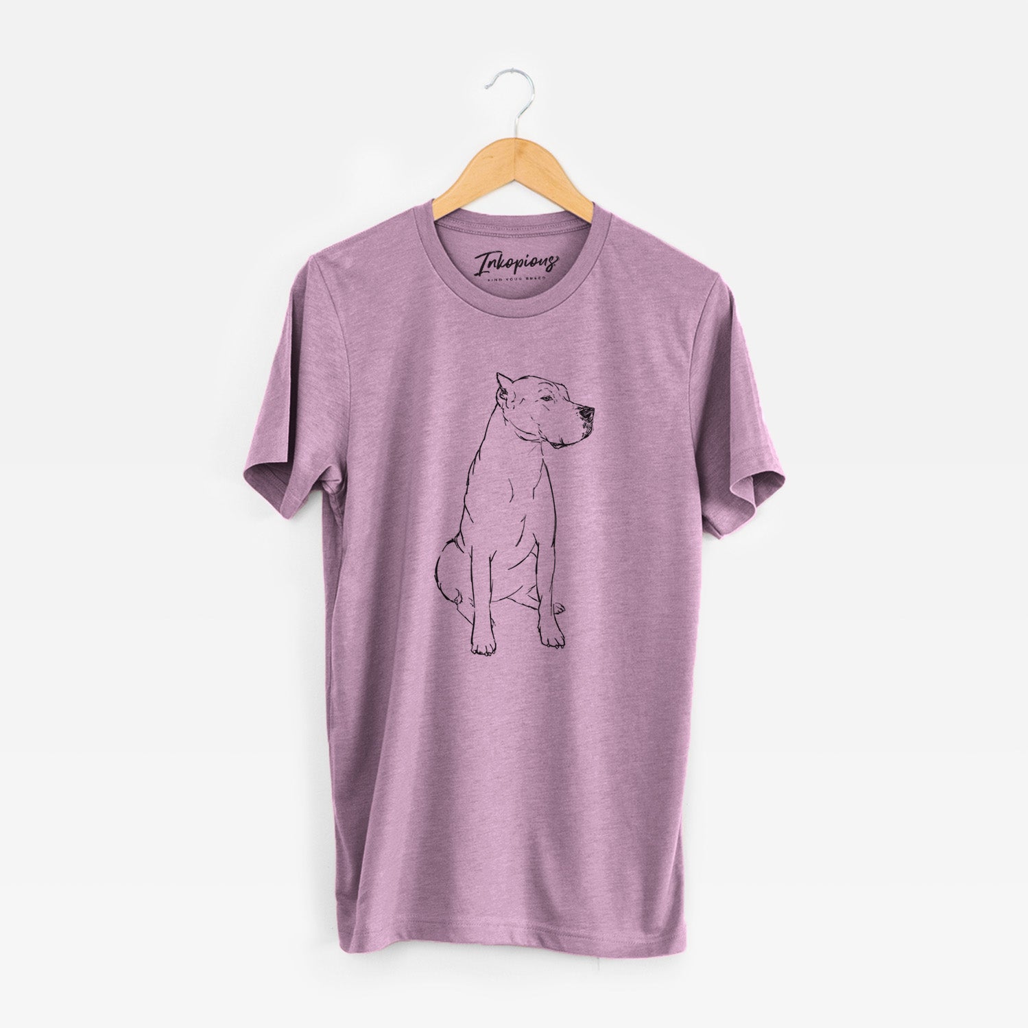 Full-body line drawing of Luna the Dogo Argentino on an Orchid Unisex crewneck