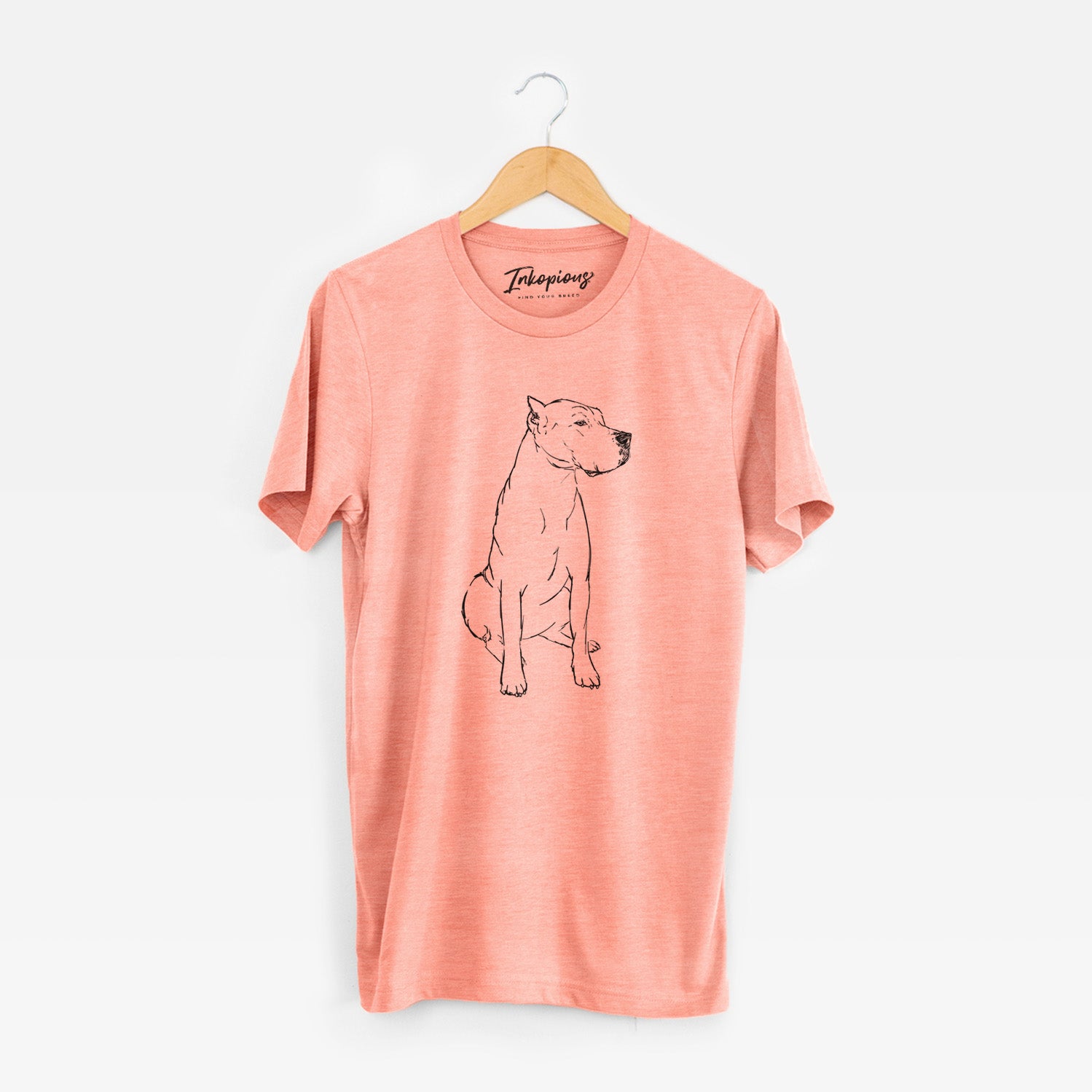 Full-body line drawing of Luna the Dogo Argentino on a Sunset Unisex crewneck