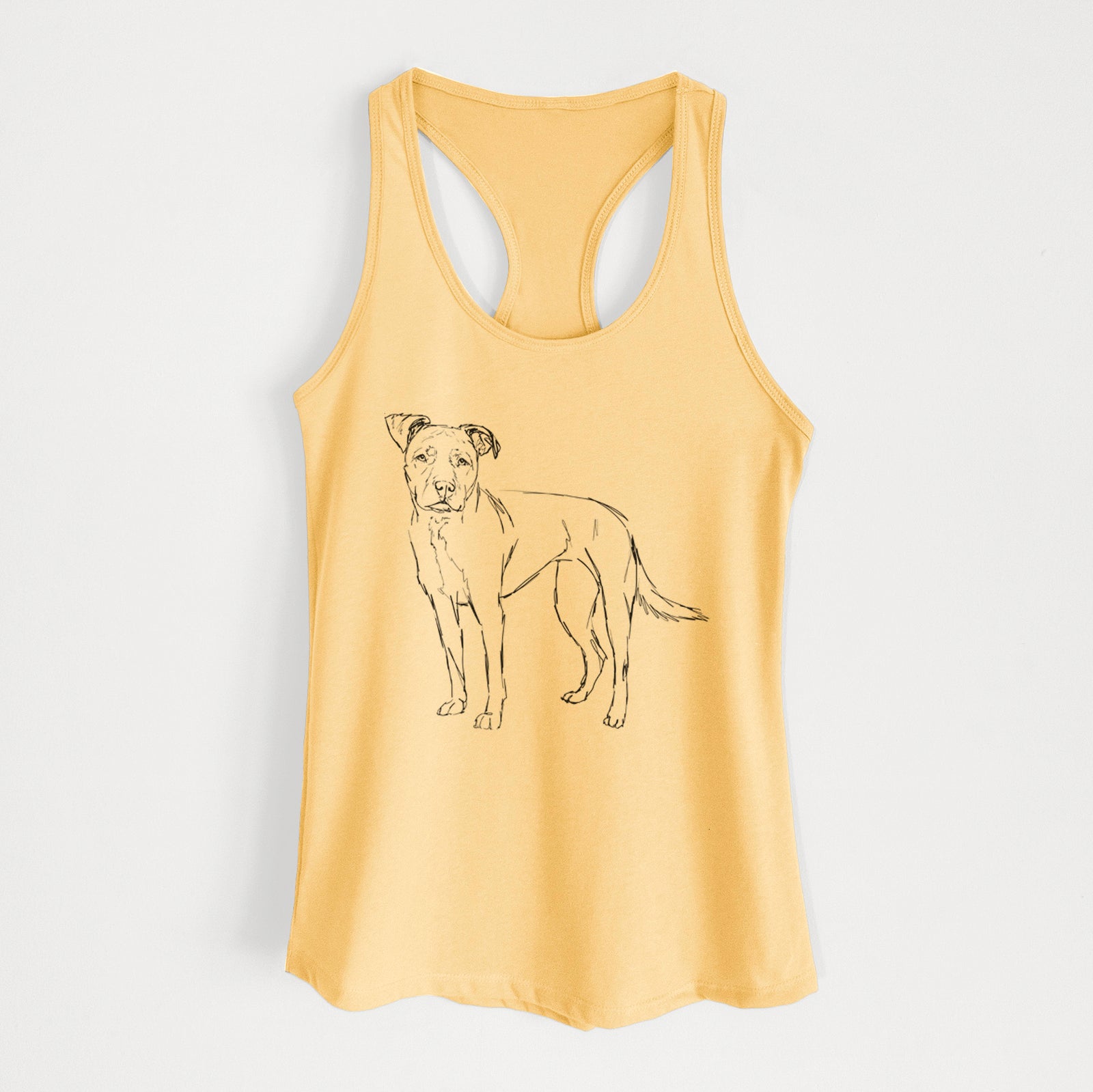 Full-body line drawing of Mercy the American Staffordshire Terrier on a Banana Cream Women's racerback tanktop