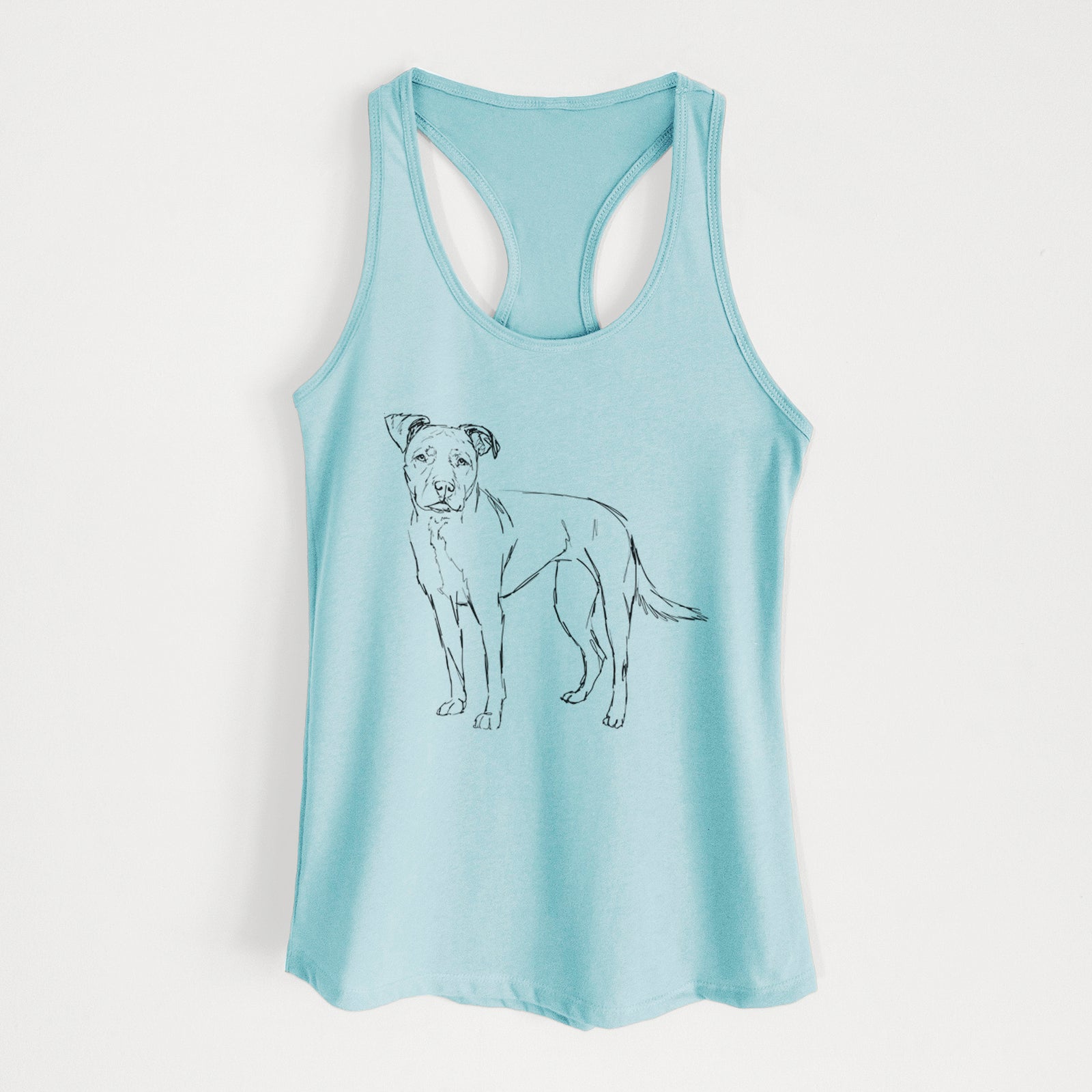 Full-body line drawing of Mercy the American Staffordshire Terrier on a Cancun Blue Women's racerback tanktop
