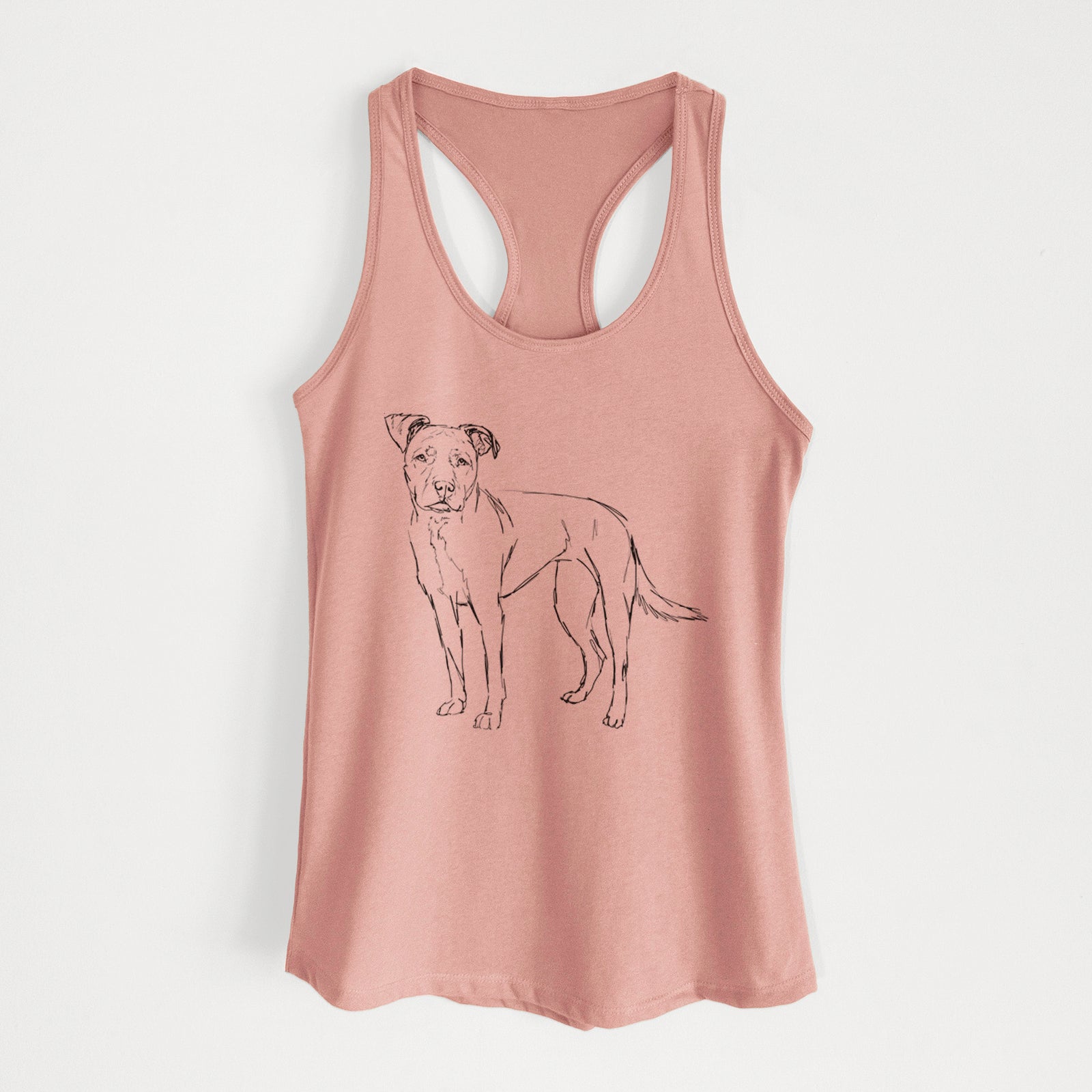 Full-body line drawing of Mercy the American Staffordshire Terrier on a Desert Pink Women's racerback tanktop