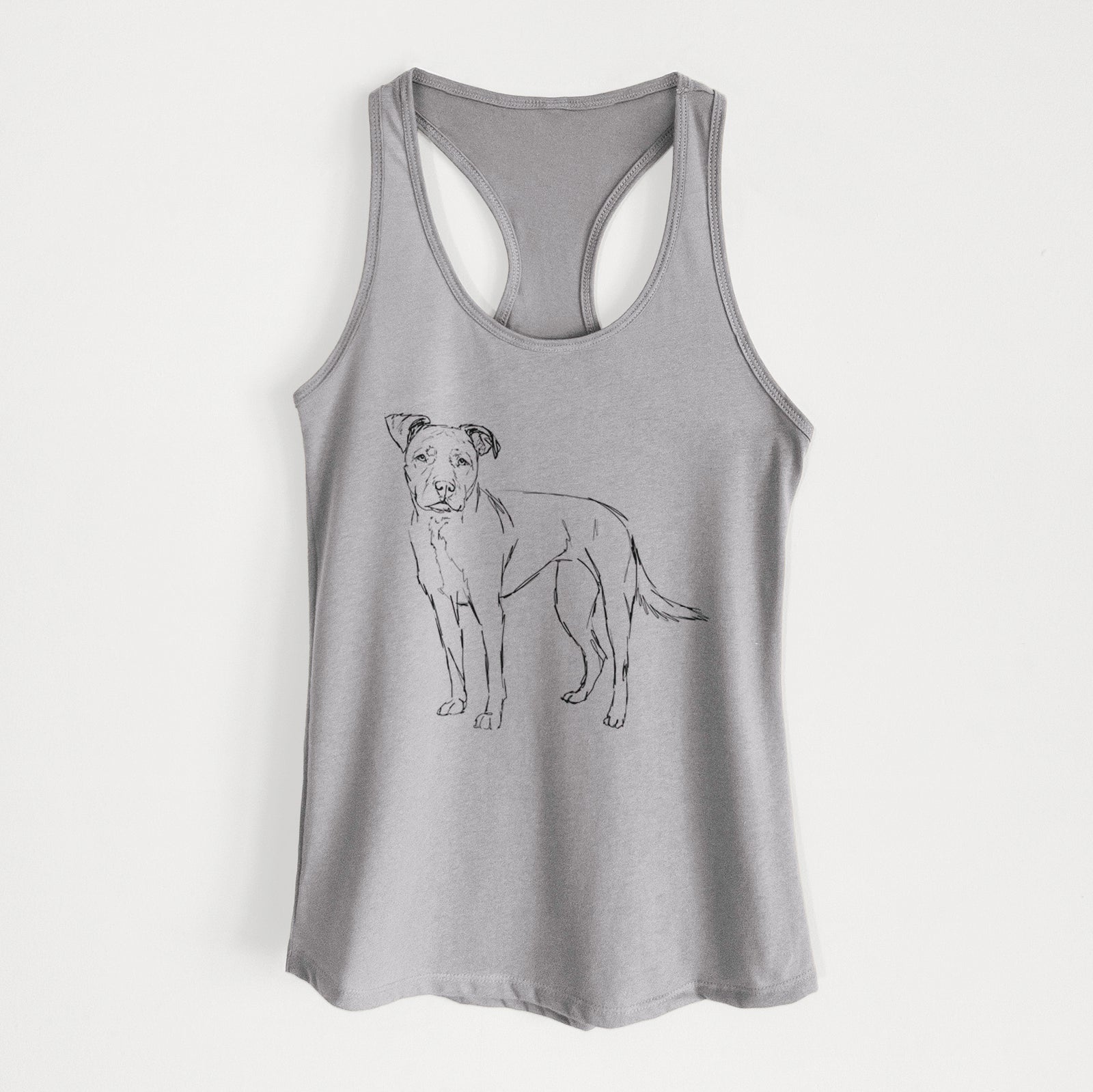 Full-body line drawing of Mercy the American Staffordshire Terrier on a Heather Grey Women's racerback tanktop