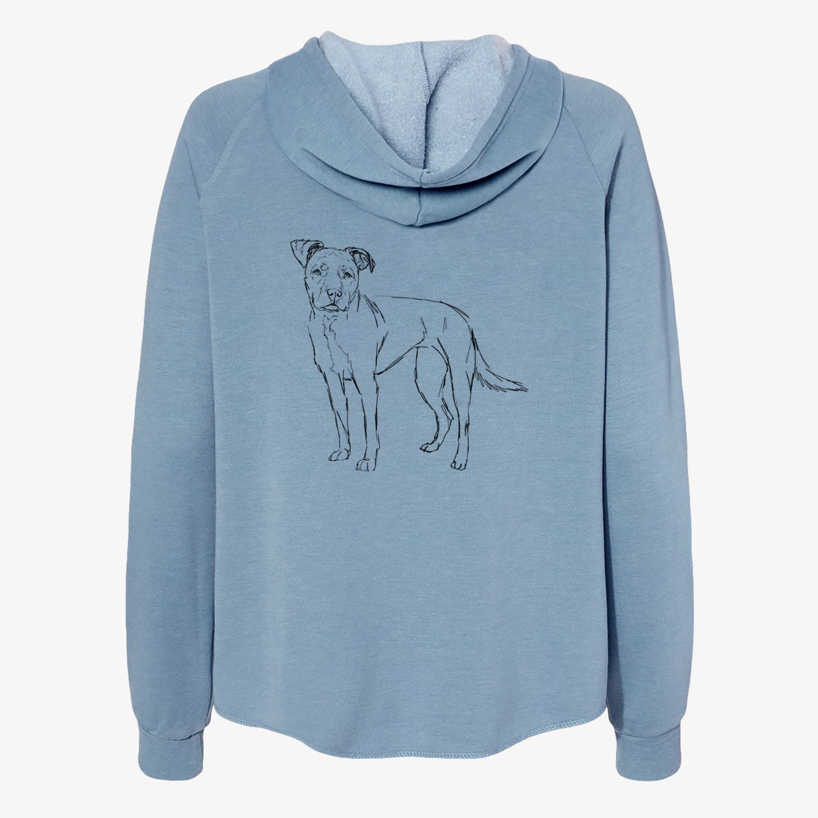 Full-body line drawing of Mercy the American Staffordshire Terrier on a Misty Blue Women's cali wave zip-up sweatshirt
