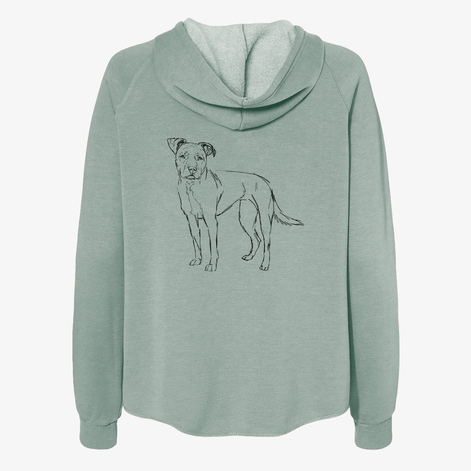 Full-body line drawing of Mercy the American Staffordshire Terrier on a Sage Women's cali wave zip-up sweatshirt