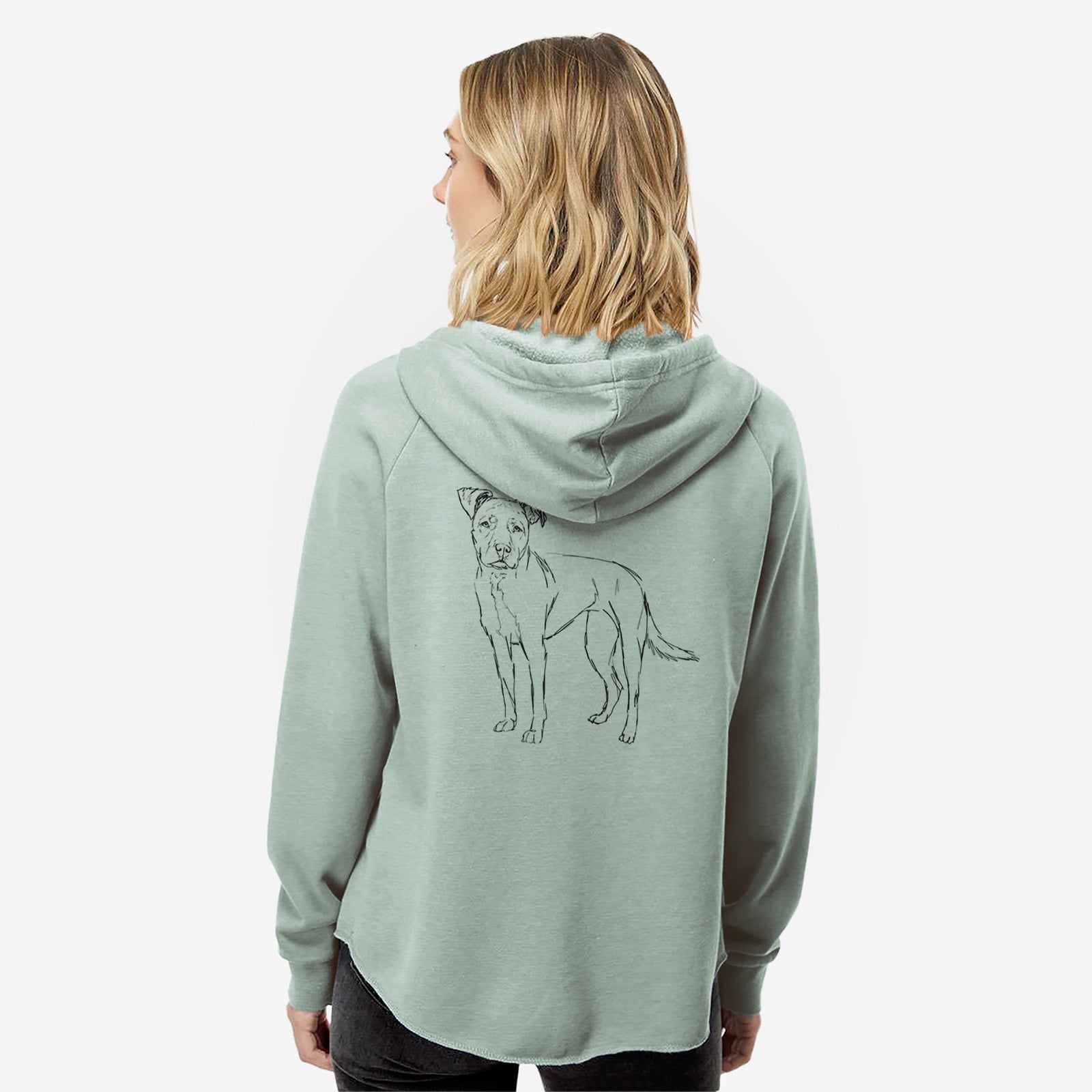 Full-body line drawing of Mercy the American Staffordshire Terrier on a Sage Women's cali wave zip-up sweatshirt