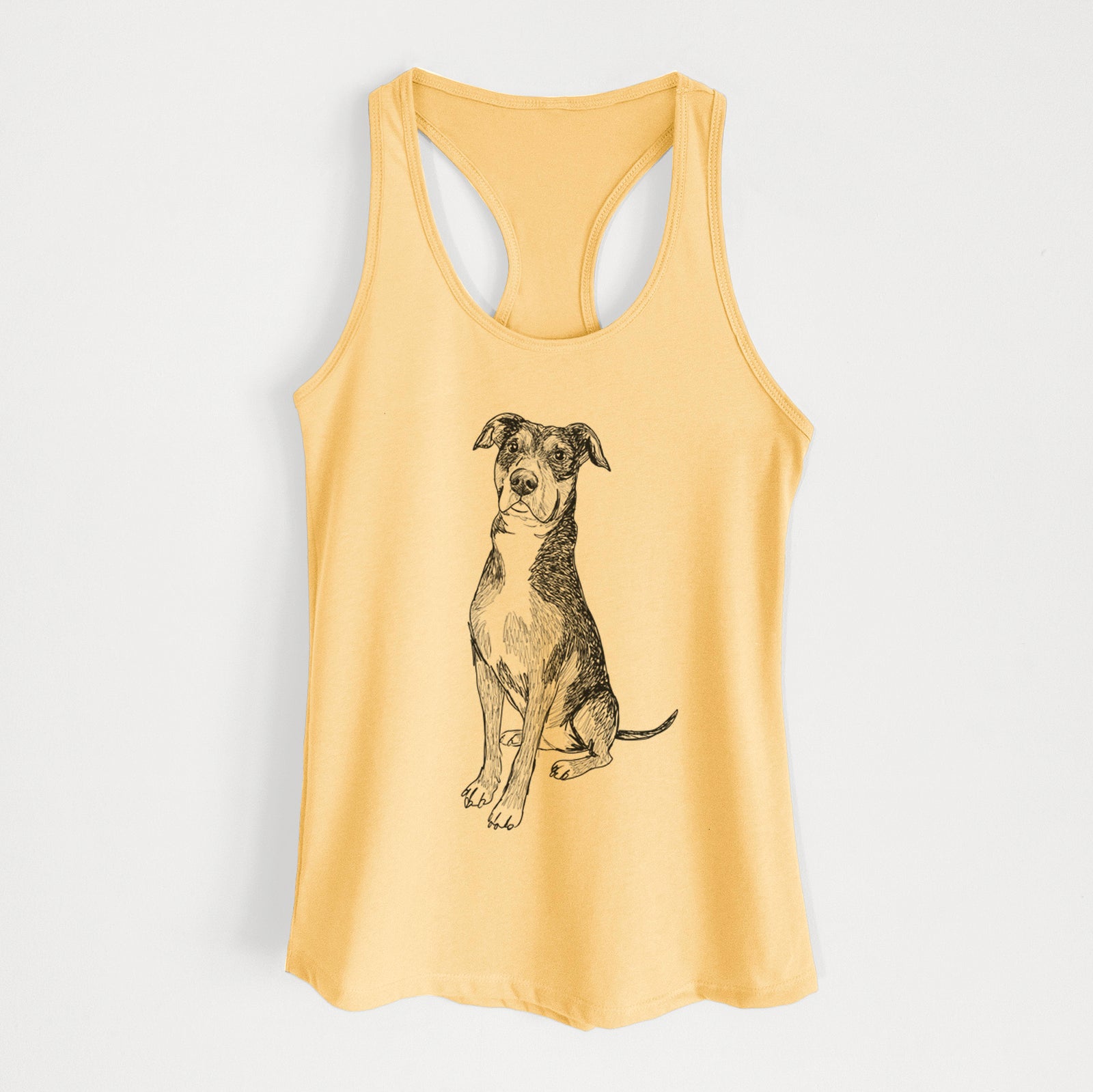Full-body line drawing of Moose the American Staffordshire Terrier on a Banana Cream Women's racerback tanktop