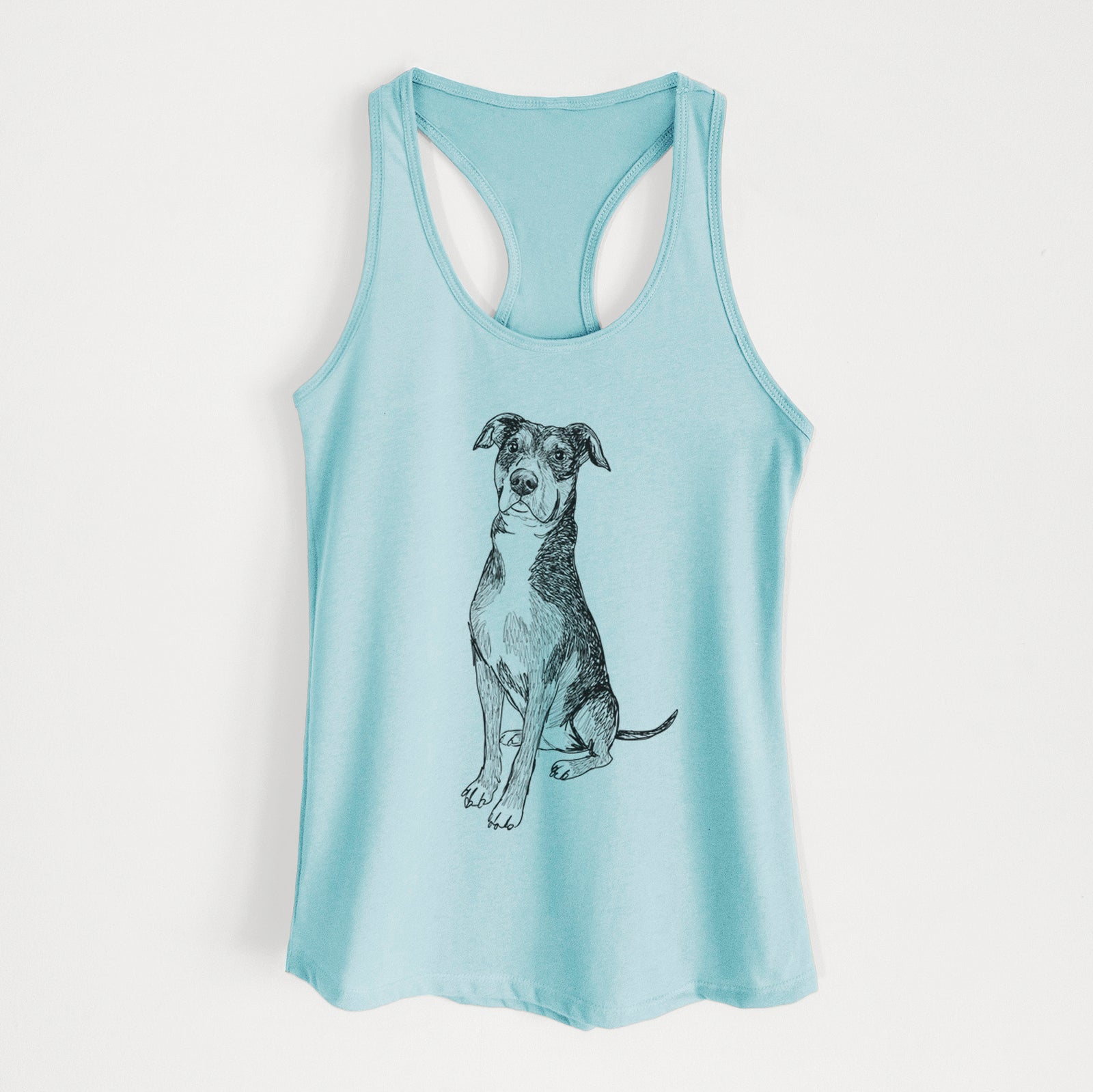 Full-body line drawing of Moose the American Staffordshire Terrier on a Cancun Blue Women's racerback tanktop
