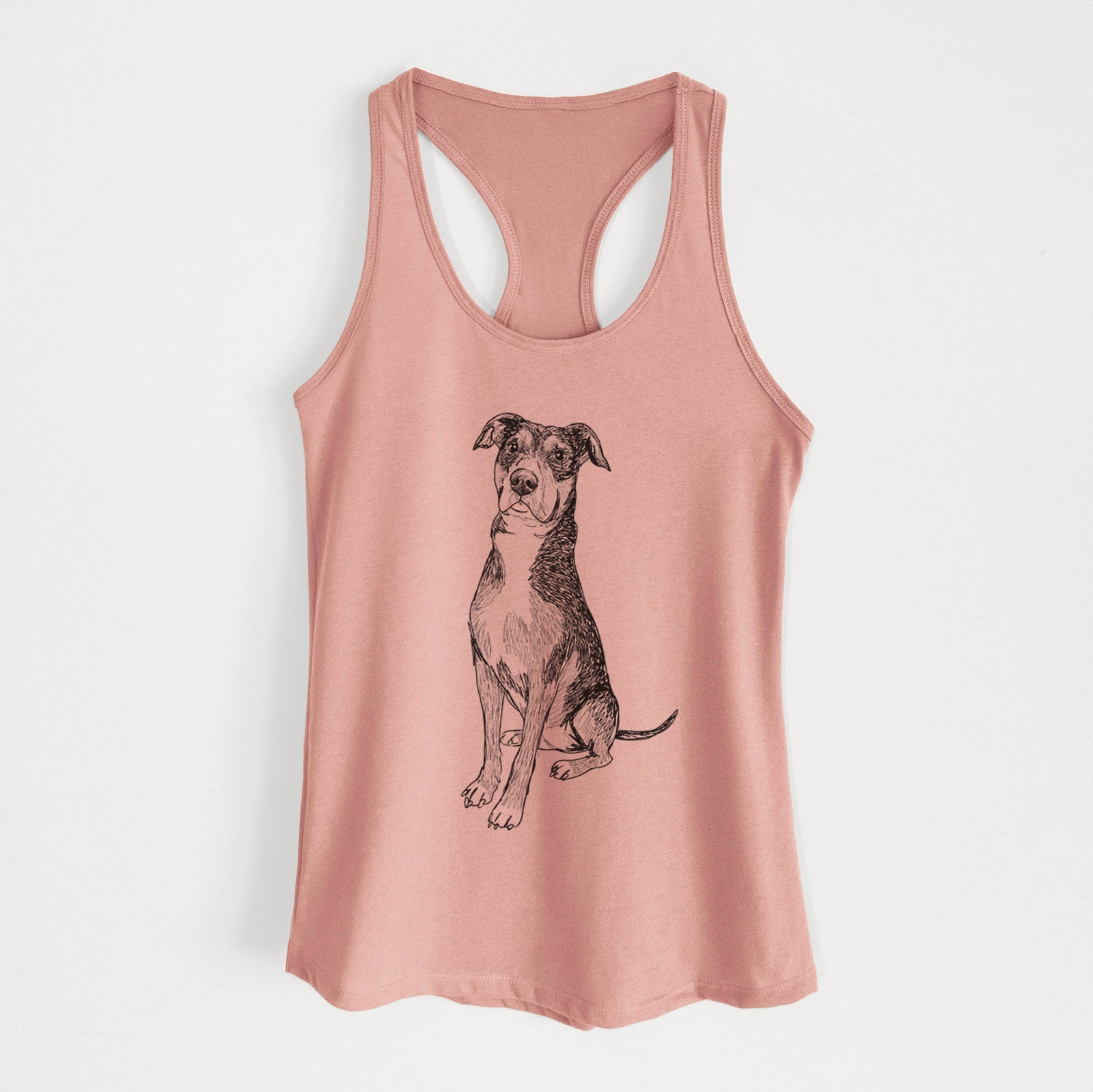 Full-body line drawing of Moose the American Staffordshire Terrier on a Desert Pink Women's racerback tanktop