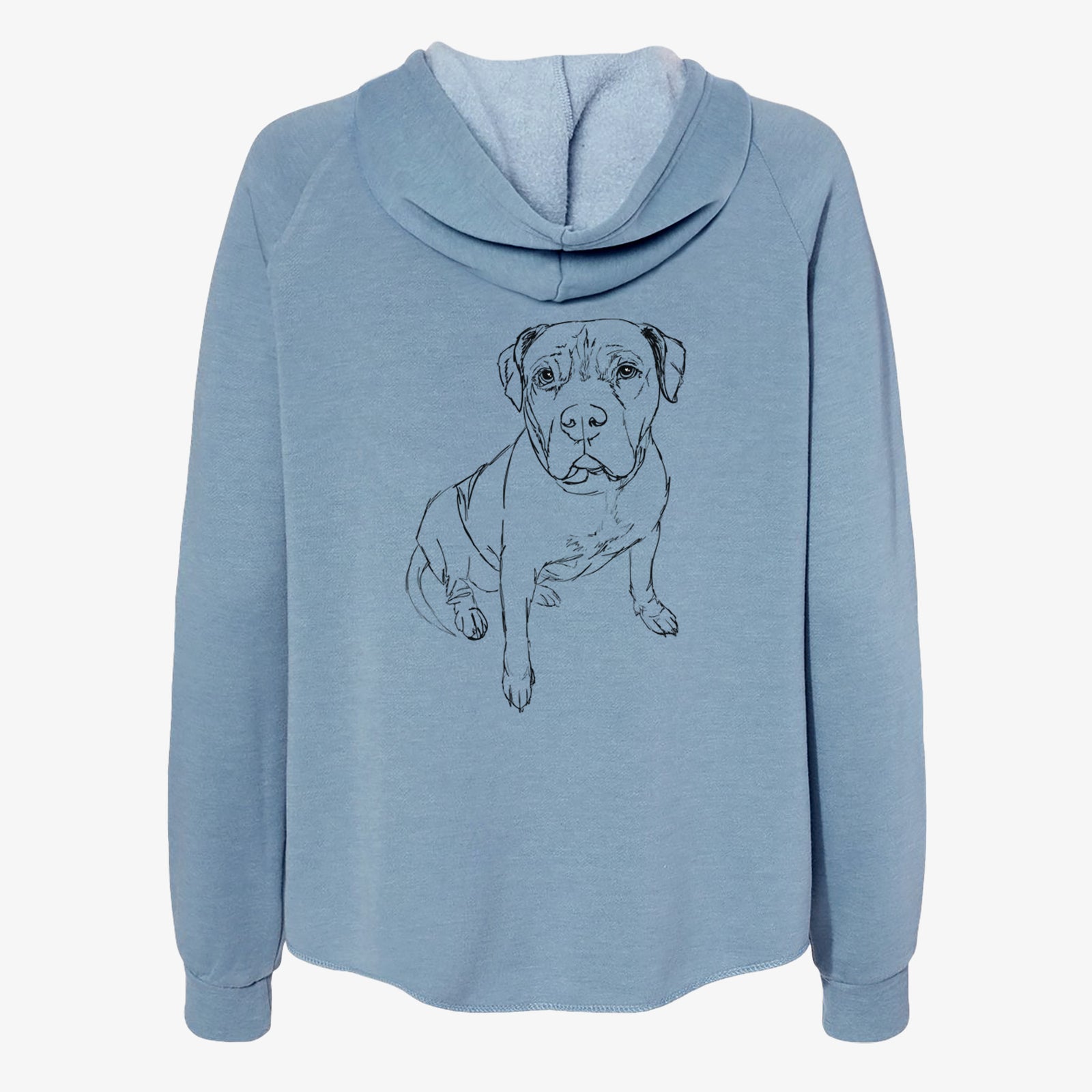 Full-body line drawing of Murphy the Pitbull on a Misty Blue Women's cali wave zip-up sweatshirt