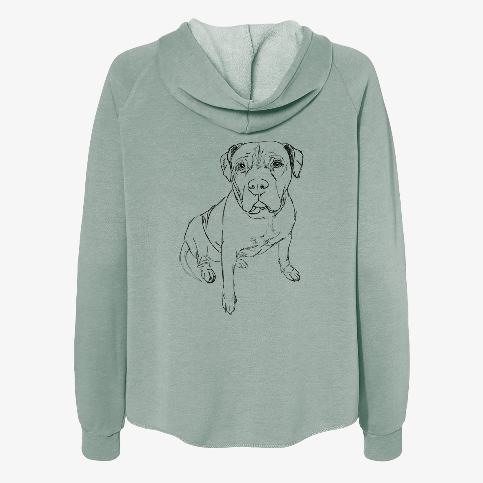 Full-body line drawing of Murphy the Pitbull on a Sage Women's cali wave zip-up sweatshirt