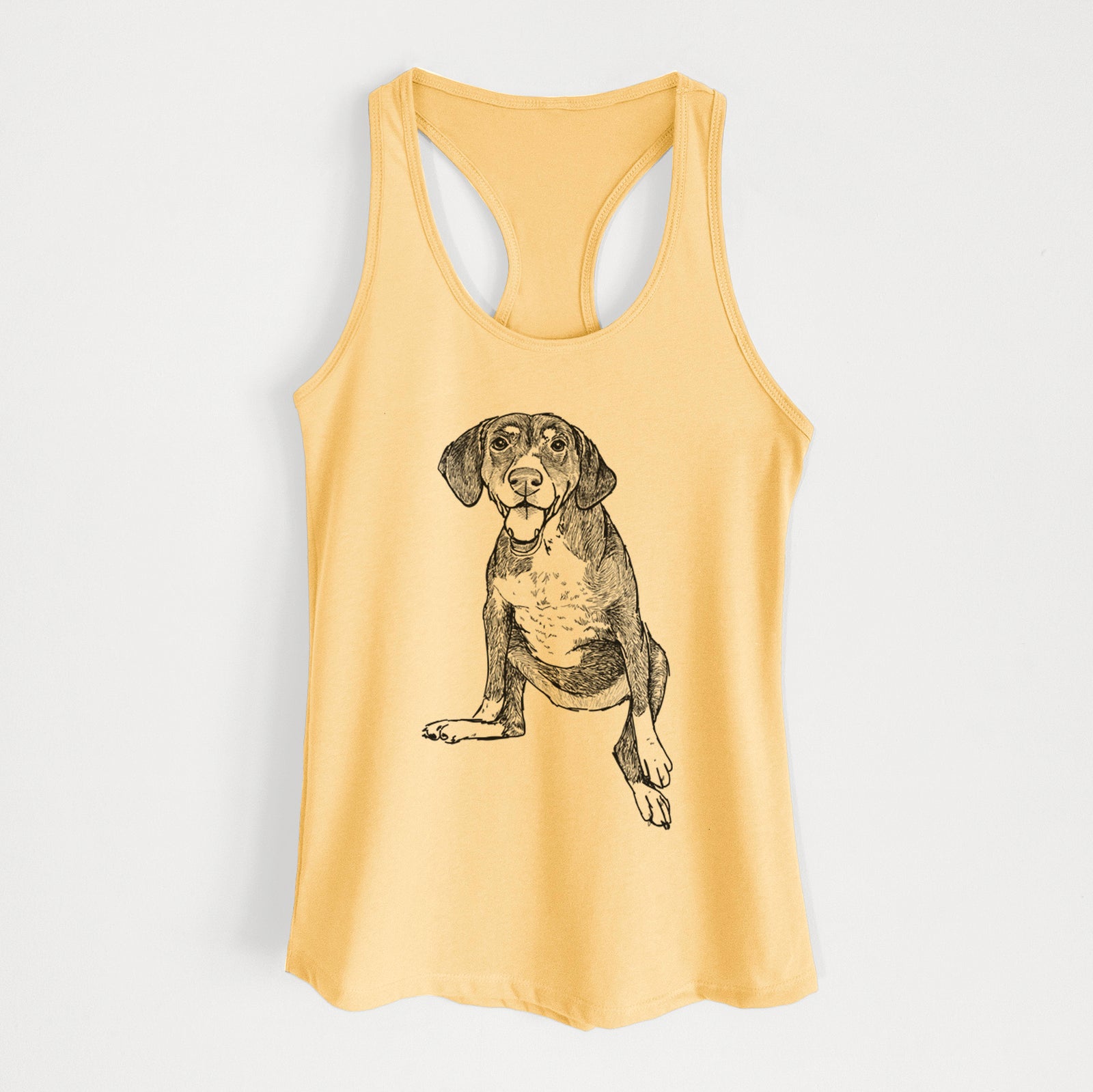 Full-body line drawing of Nova the German Shorthaired Pointer Setter Mix on a Banana Cream Women's racerback tanktop