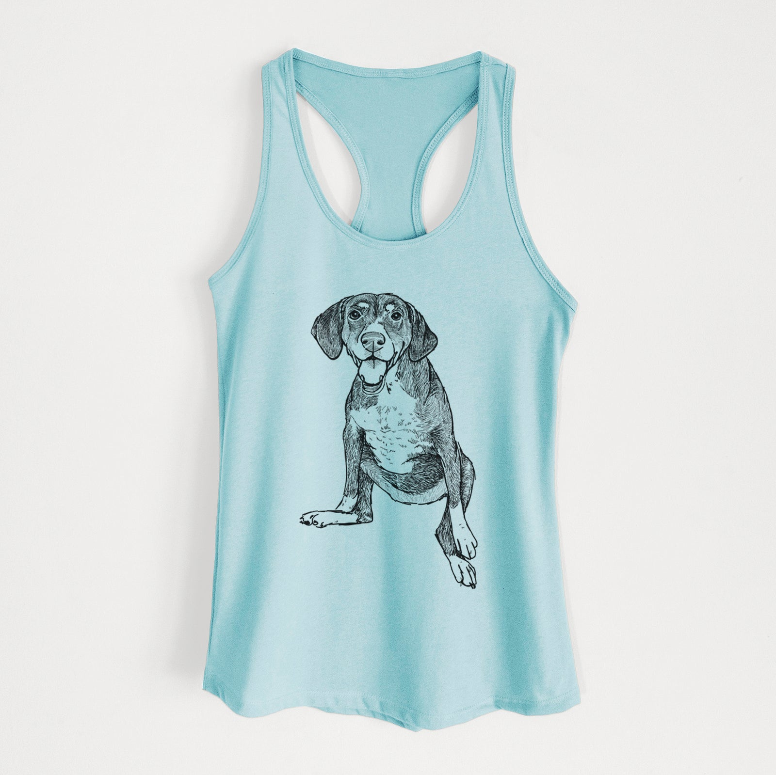 Full-body line drawing of Nova the German Shorthaired Pointer Setter Mix on a Cancun Blue Women's racerback tanktop
