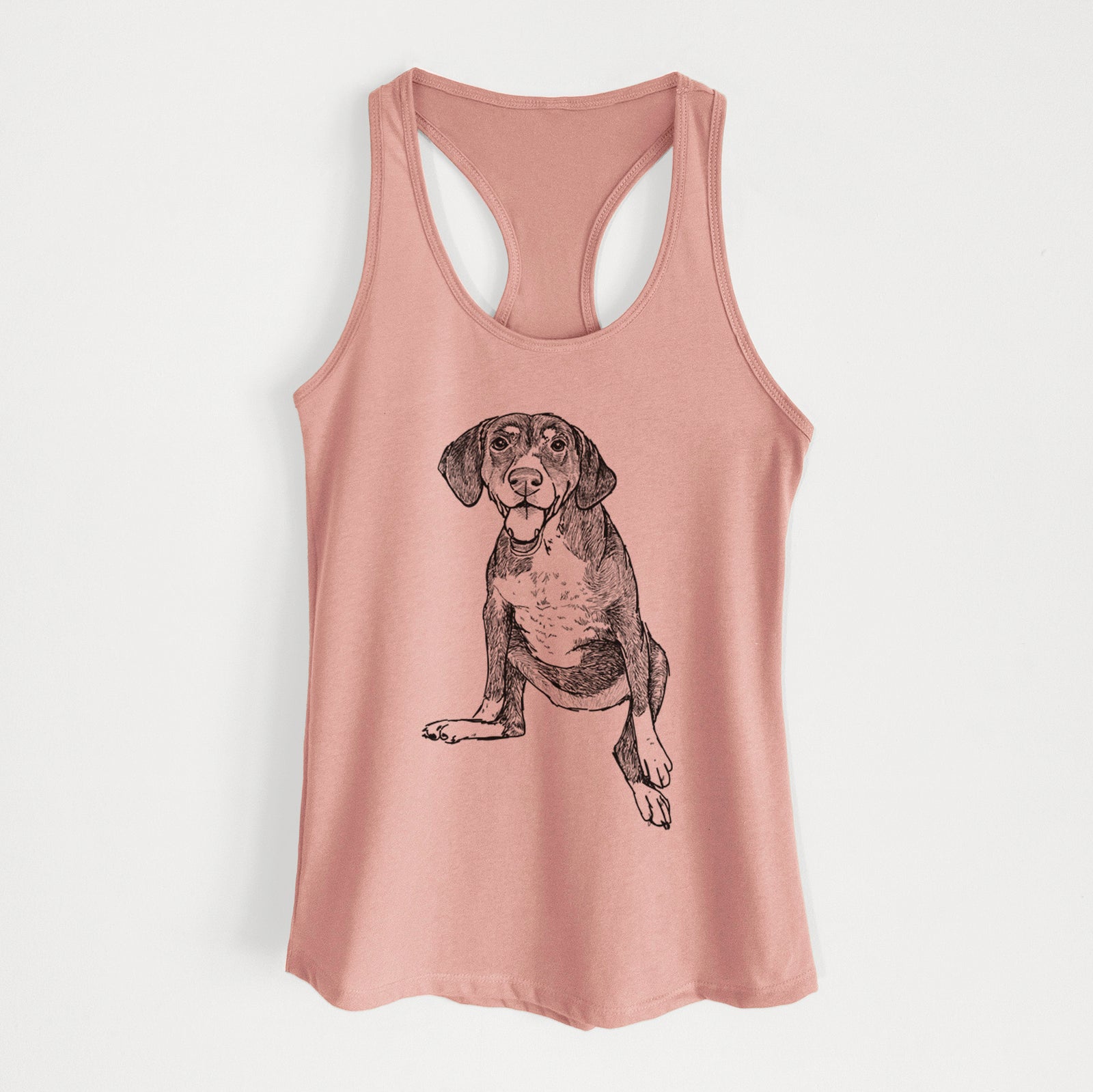 Full-body line drawing of Nova the German Shorthaired Pointer Setter Mix on a Desert Pink Women's racerback tanktop