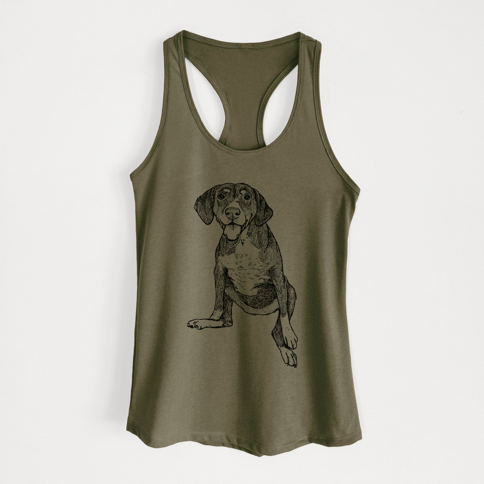 Full-body line drawing of Nova the German Shorthaired Pointer Setter Mix on a Military Green Women's racerback tanktop