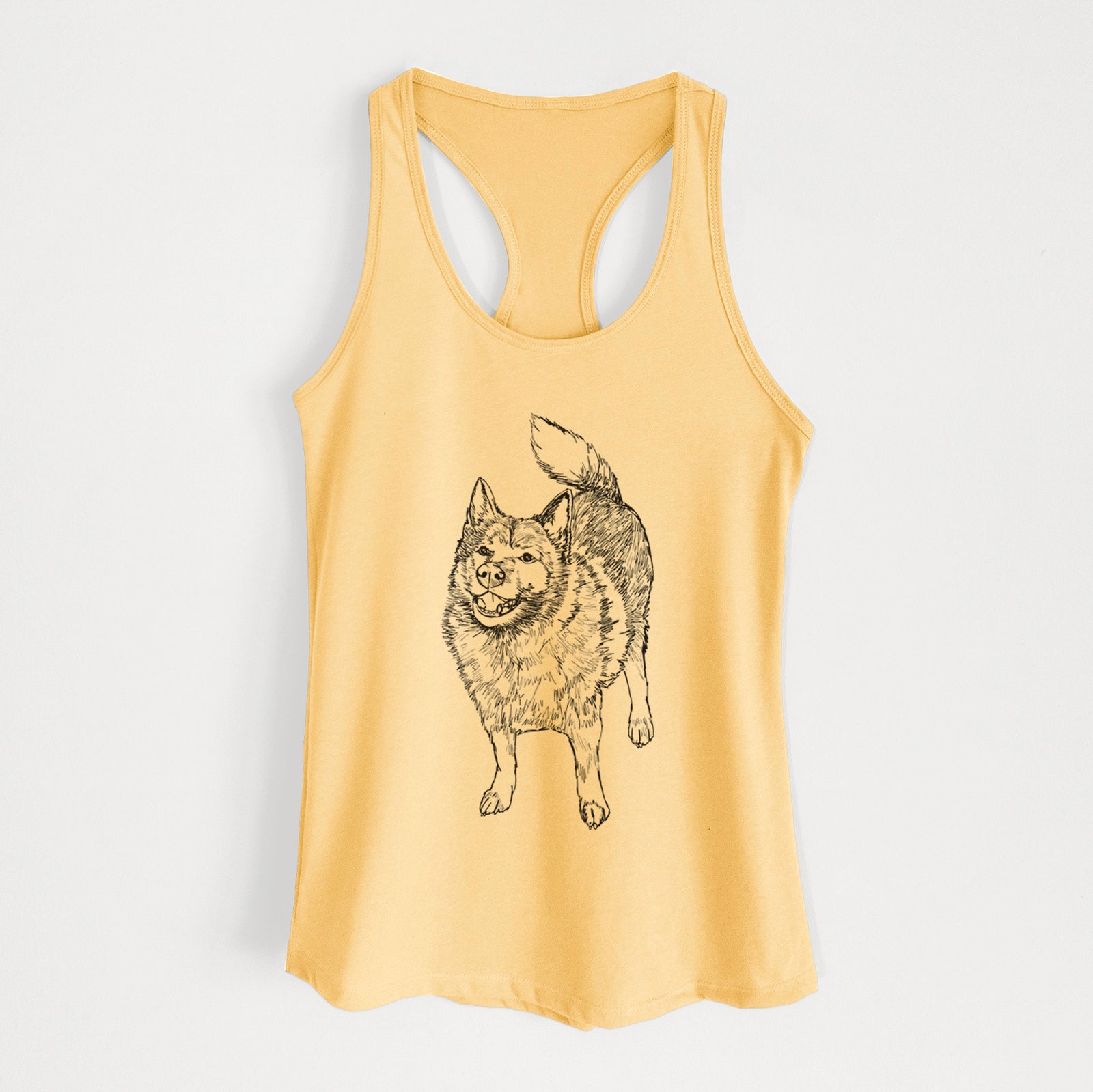 Full-body line drawing of Oban Bear the Norwegian Elkhound on a Banana Cream Women's racerback tanktop