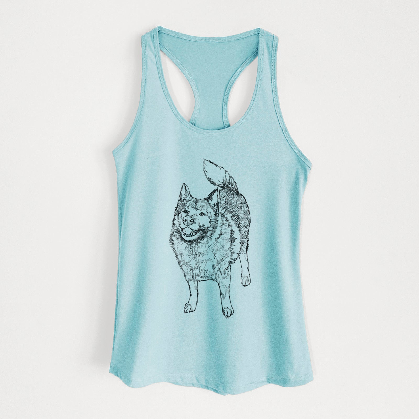 Full-body line drawing of Oban Bear the Norwegian Elkhound on a Cancun Blue Women's racerback tanktop