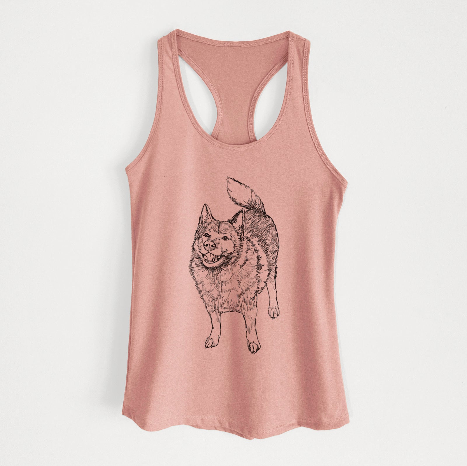 Full-body line drawing of Oban Bear the Norwegian Elkhound on a Desert Pink Women's racerback tanktop