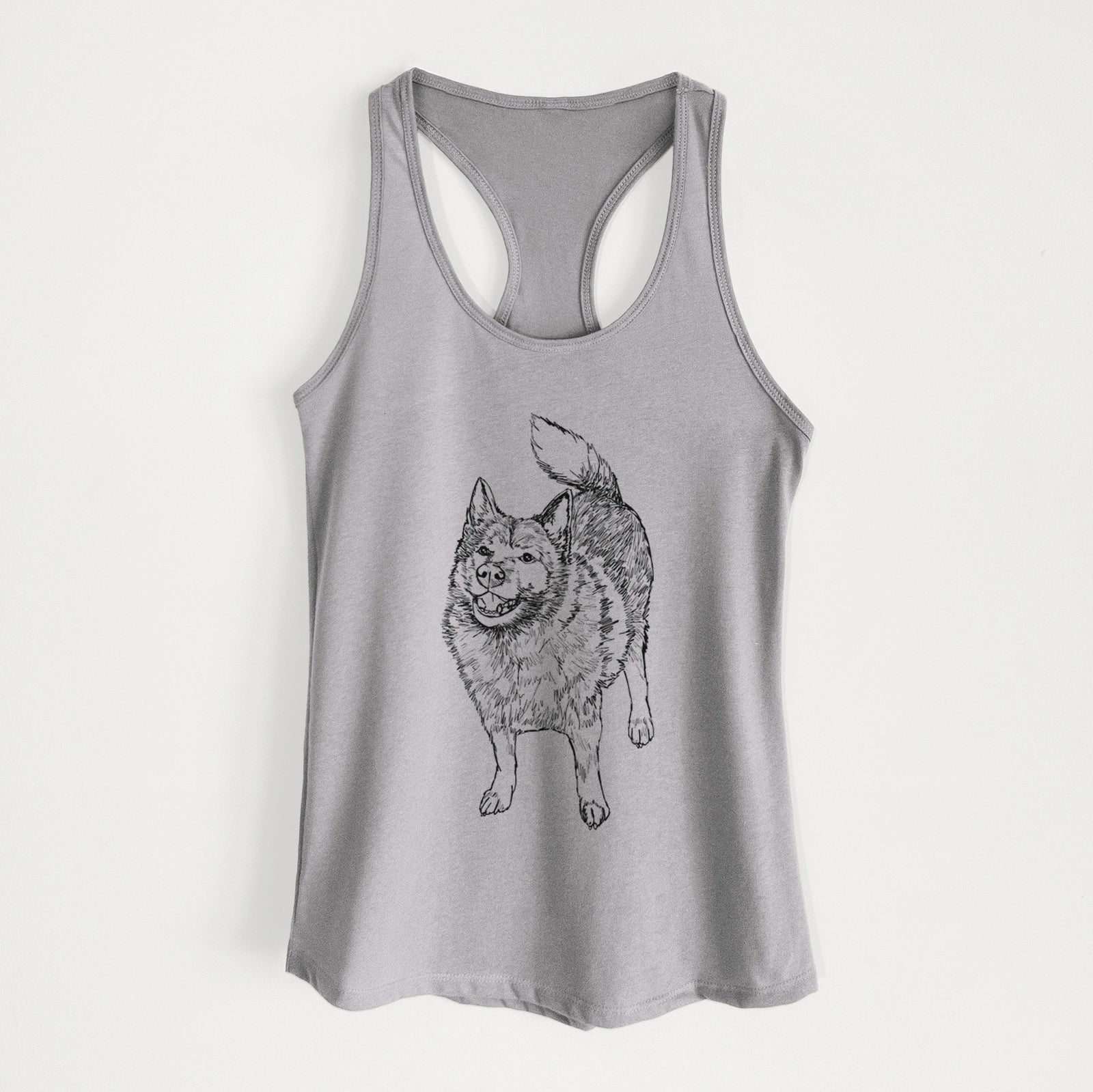 Full-body line drawing of Oban Bear the Norwegian Elkhound on a Heather Grey Women's racerback tanktop