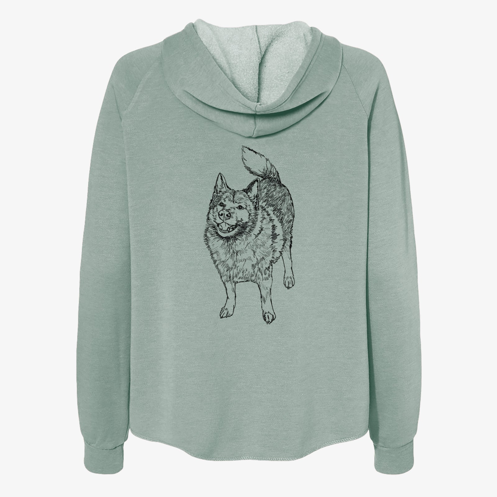 Full-body line drawing of Oban Bear the Norwegian Elkhound on a Sage Women's cali wave zip-up sweatshirt