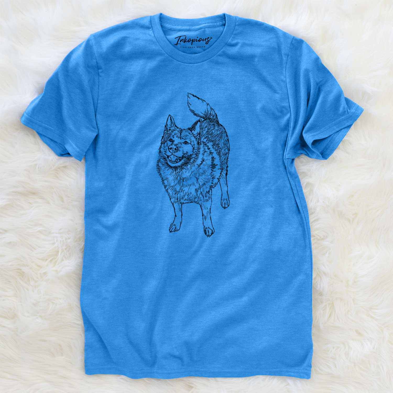 Full-body line drawing of Oban Bear the Norwegian Elkhound on a Blue Unisex crewneck
