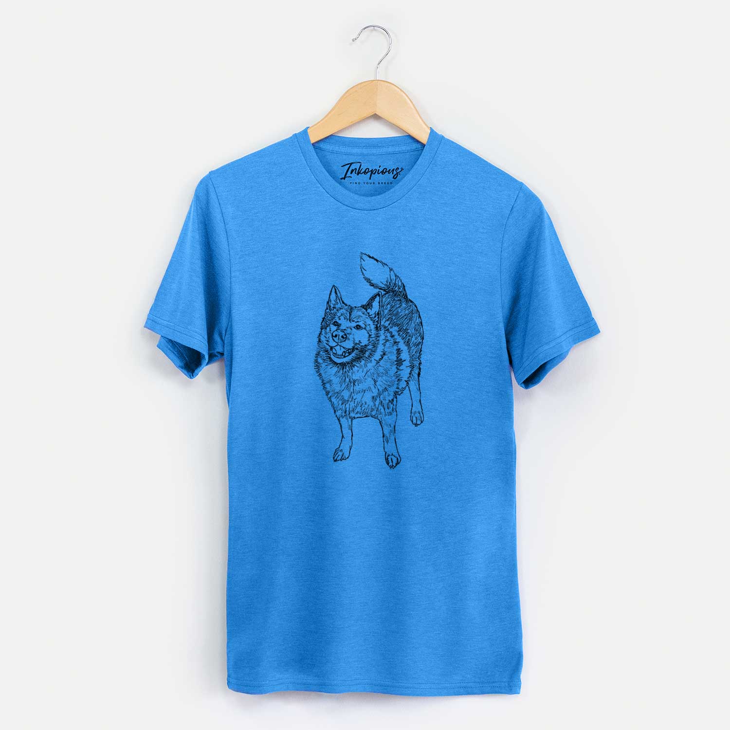 Full-body line drawing of Oban Bear the Norwegian Elkhound on a Blue Unisex crewneck