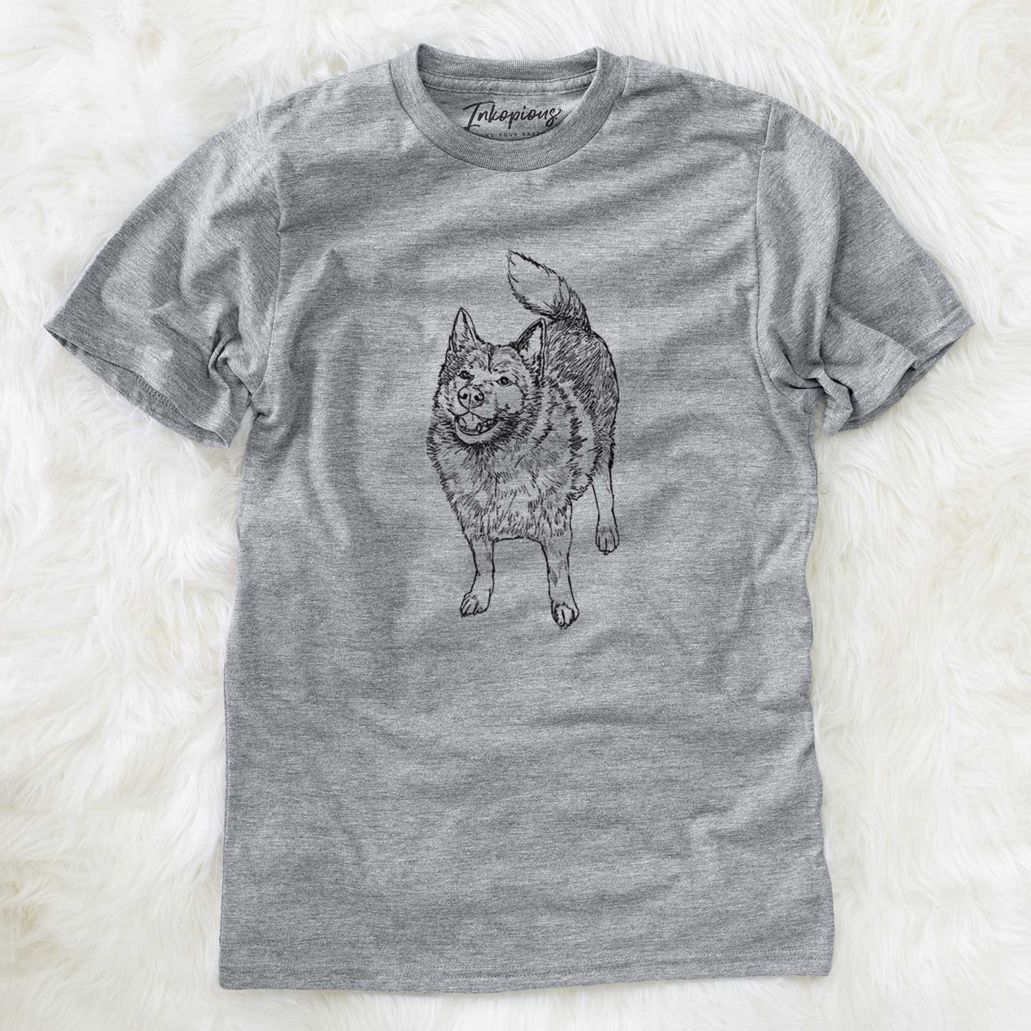 Full-body line drawing of Oban Bear the Norwegian Elkhound on a Grey Unisex crewneck