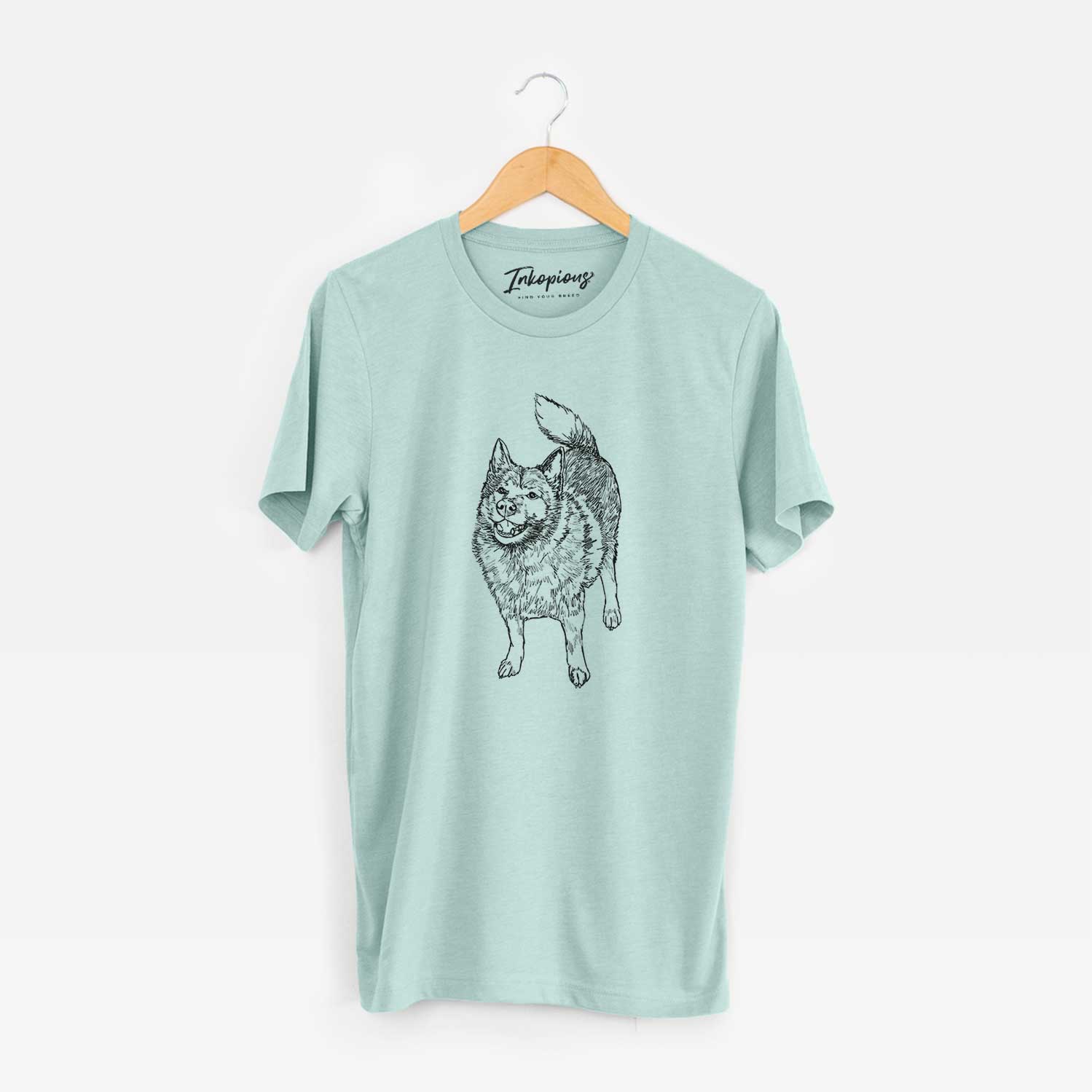 Full-body line drawing of Oban Bear the Norwegian Elkhound on a Heather Sage Unisex crewneck